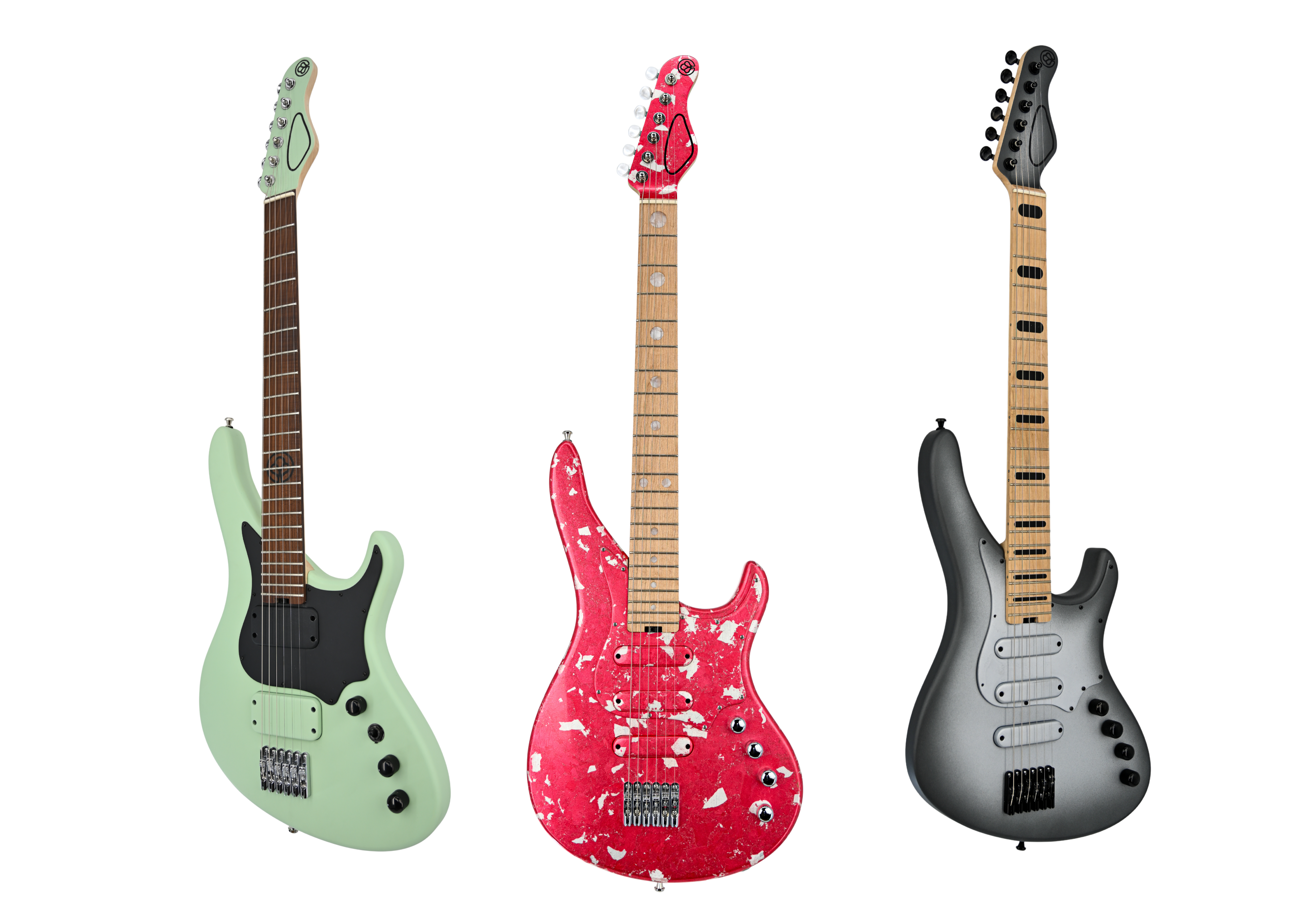 Three Belforti electric guitars in green, red, and black finishes displayed side by side