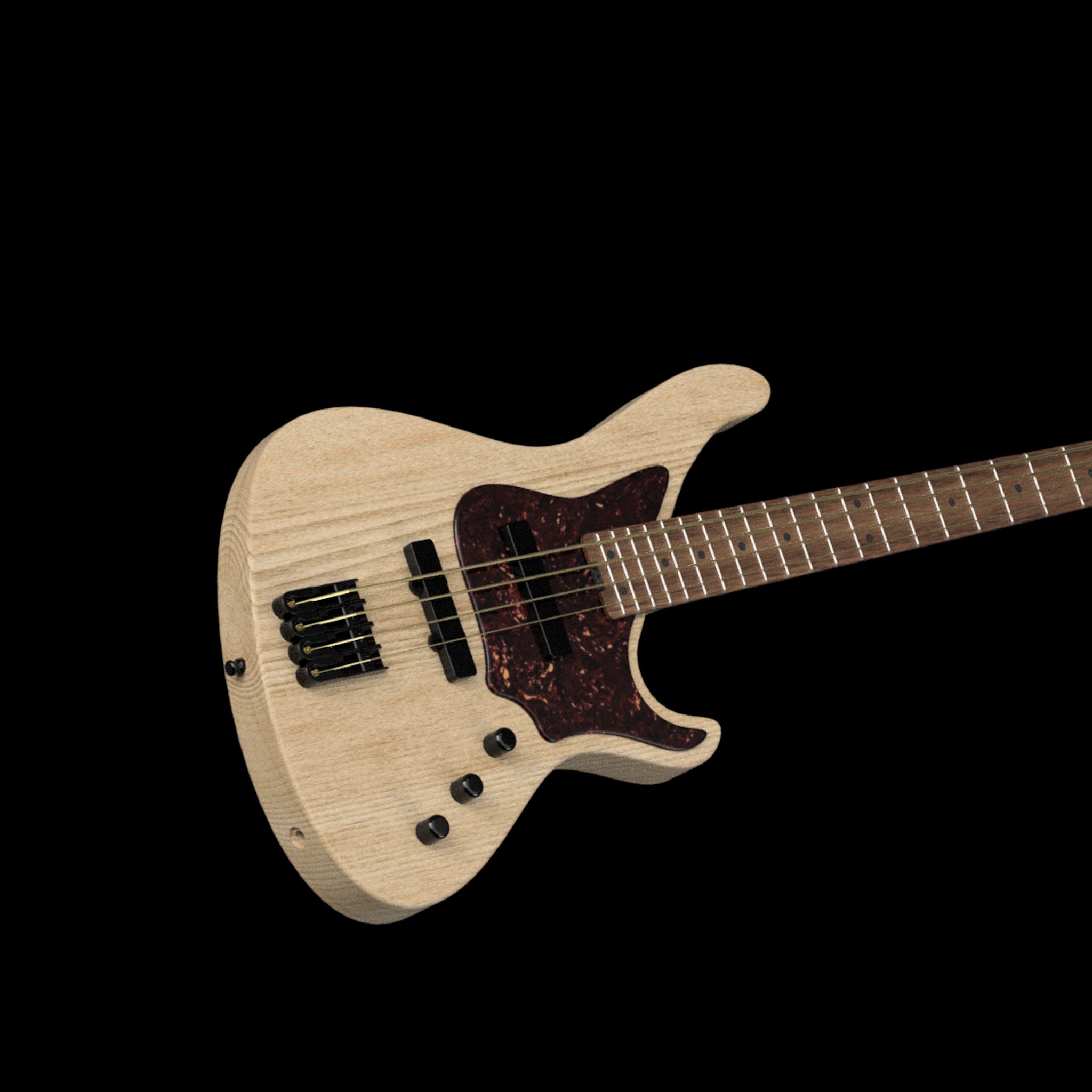 Side angle of the A-Series Bass by Belforti Instruments, capturing its distinctive appearance, fretboard details, and elegant aesthetic.