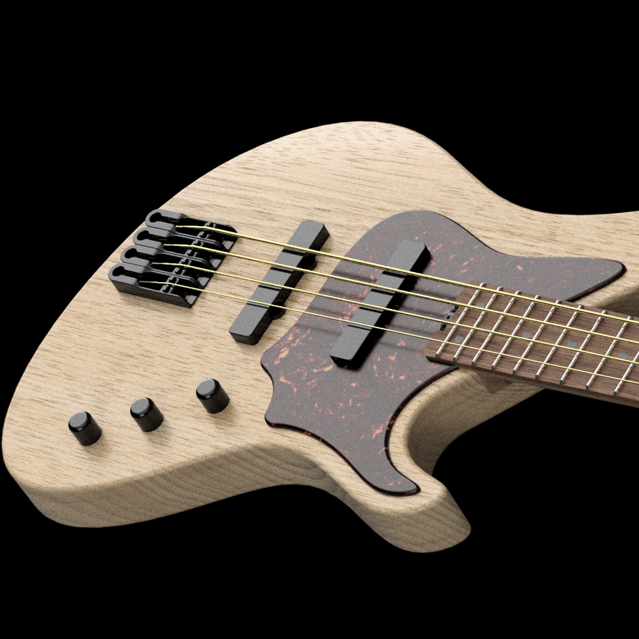 Close-up view of the A-Series Bass by Belforti Instruments, showcasing its streamlined design, wood finish, and black hardware, emphasizing quality craftsmanship.