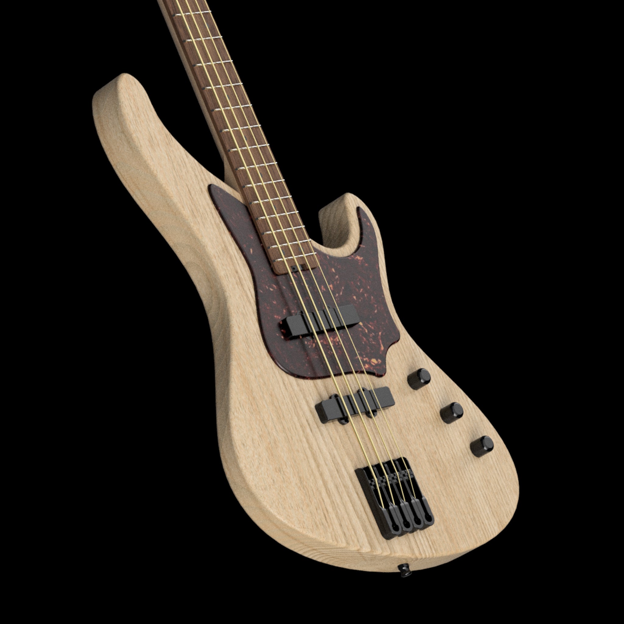 Angled view of the A-Series Bass by Belforti Instruments, highlighting its unique body shape, premium wood materials, and precise tuning hardware.