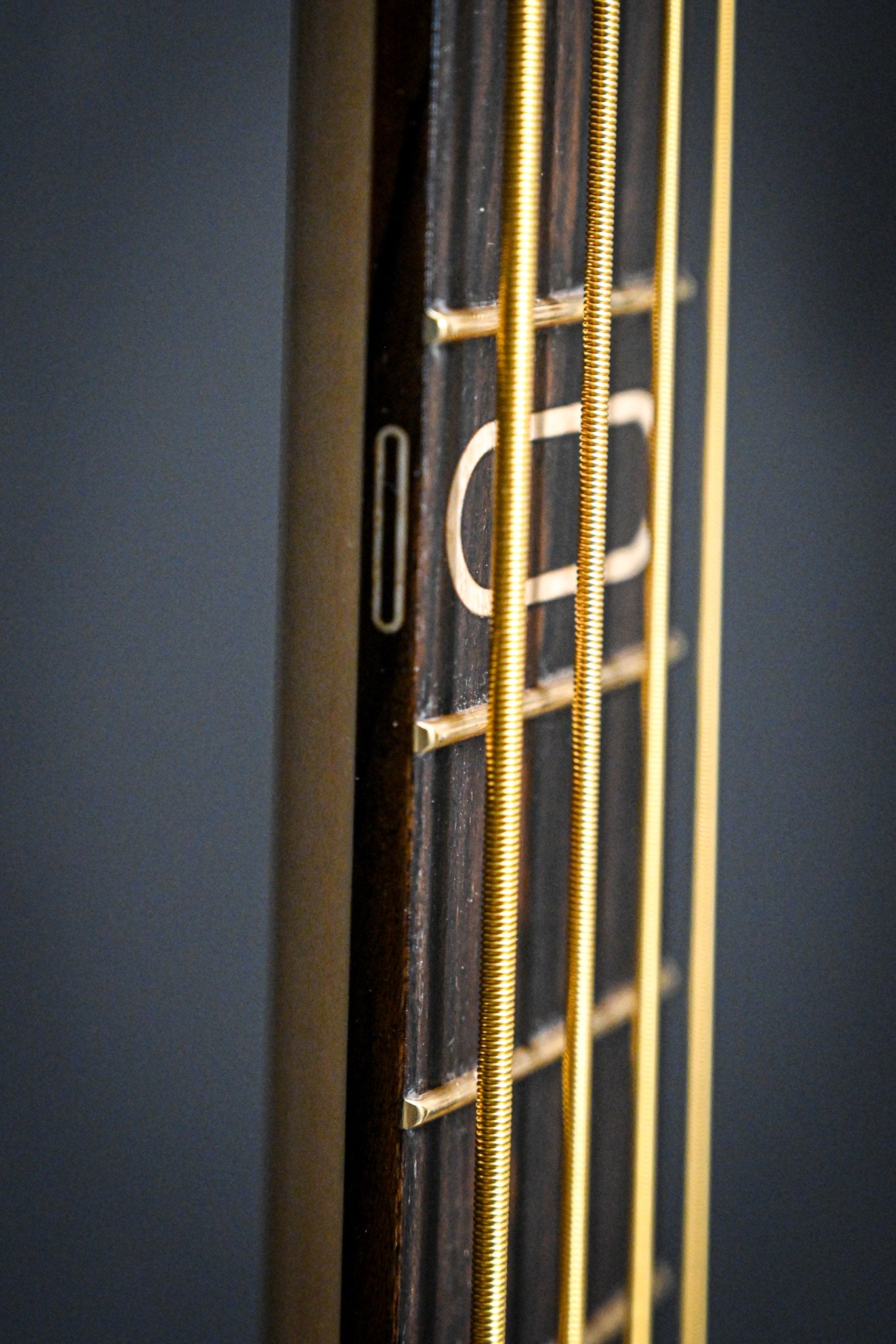 A detailed view of the Belforti S1 Ziricote Side dots with a fine art deco style and matching wood