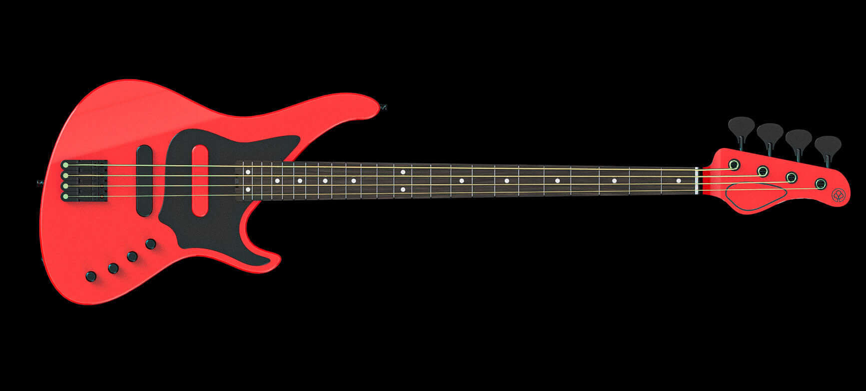 Red electric bass guitar with black accents on a black background