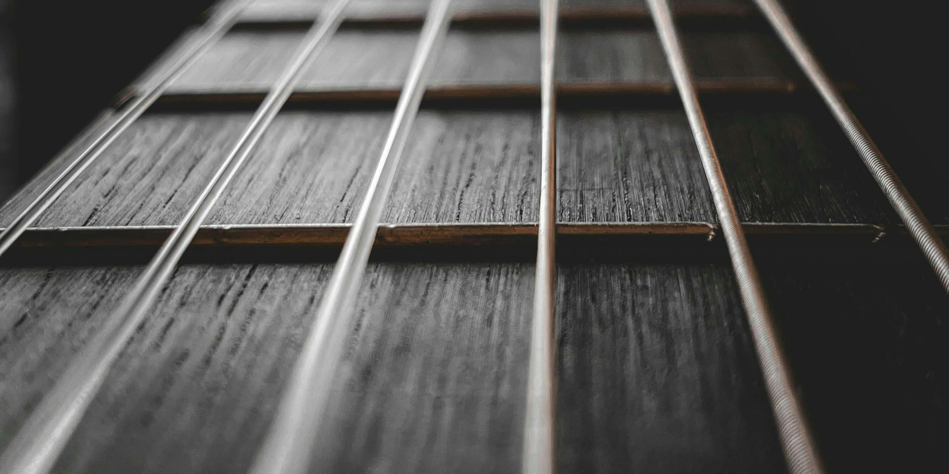 Close up of guiatr strings and frets on a fretboard