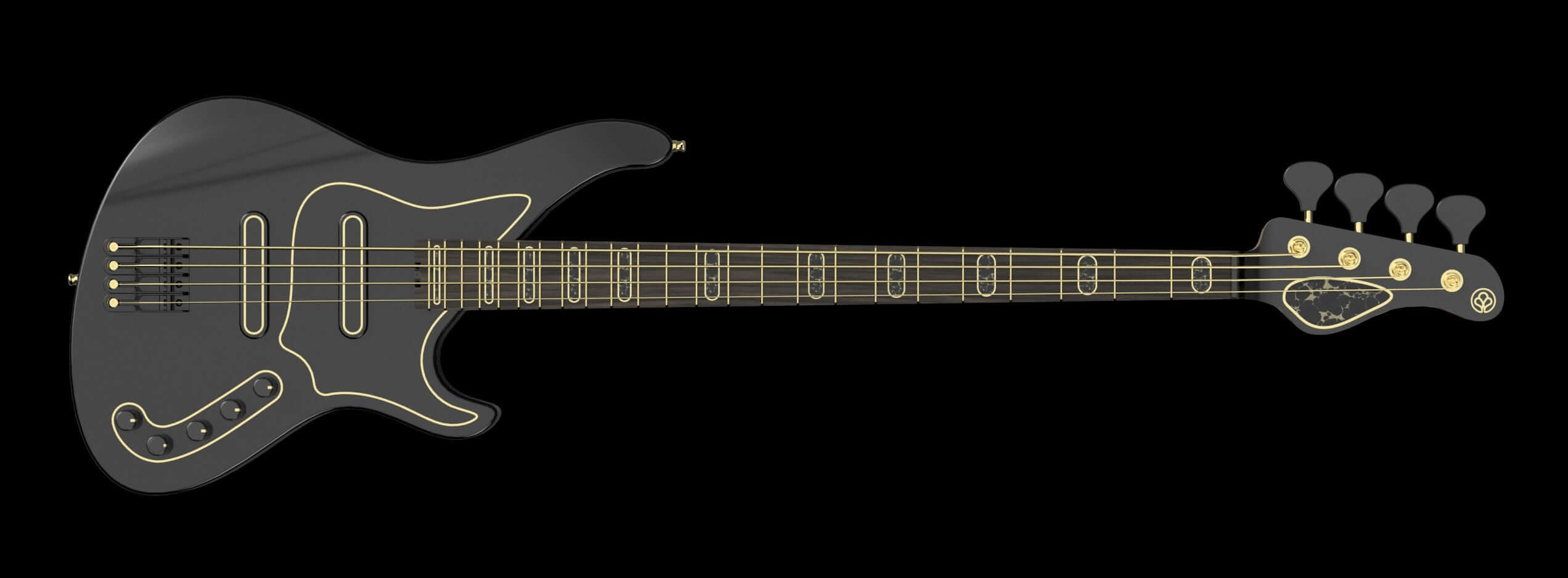 洗練されたデザインと詳細なフレットボードを特徴とする、黒い背景のエレキベースギター、Belfortiによるモデル。