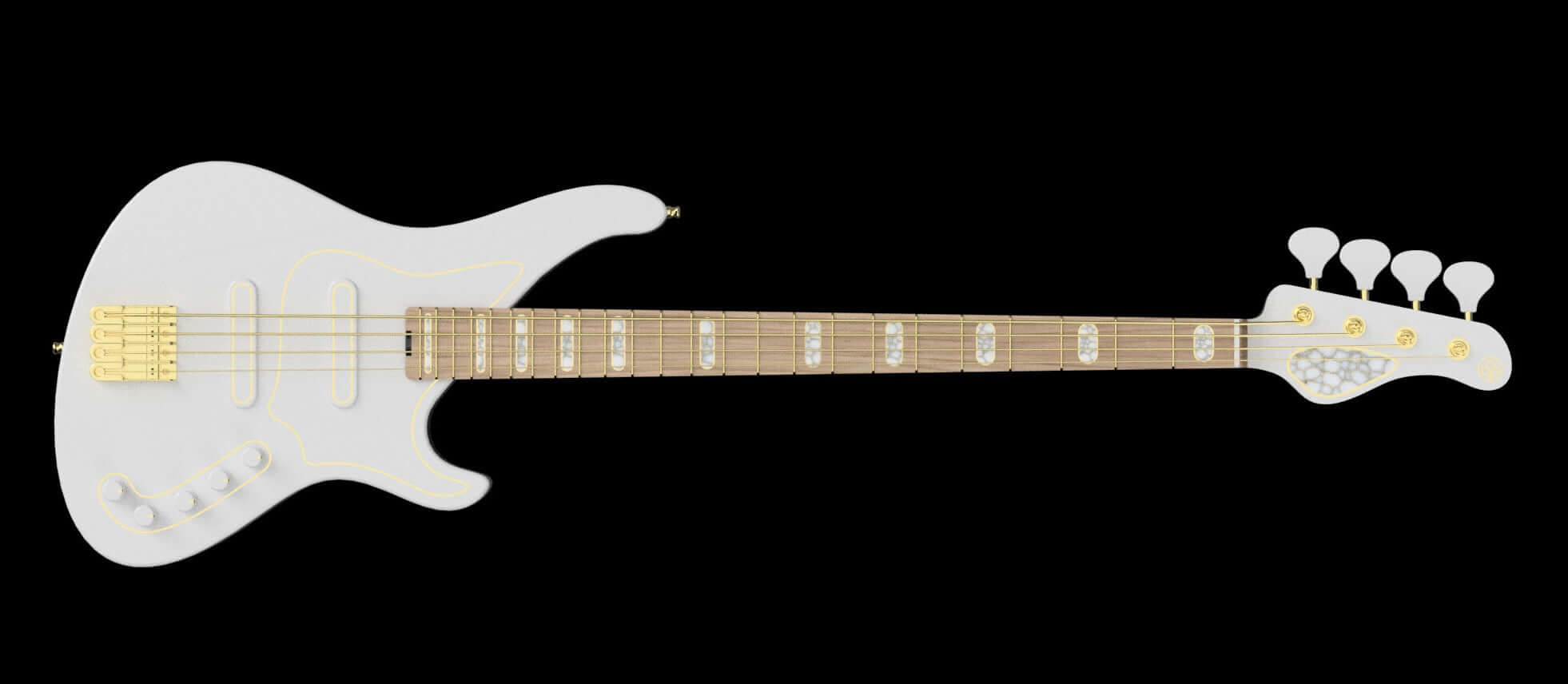 洗練された白いデザインと木製のフレットボードを備えたBelfortiエレキギター。現代的な職人技と高品質の機能を紹介しています。
