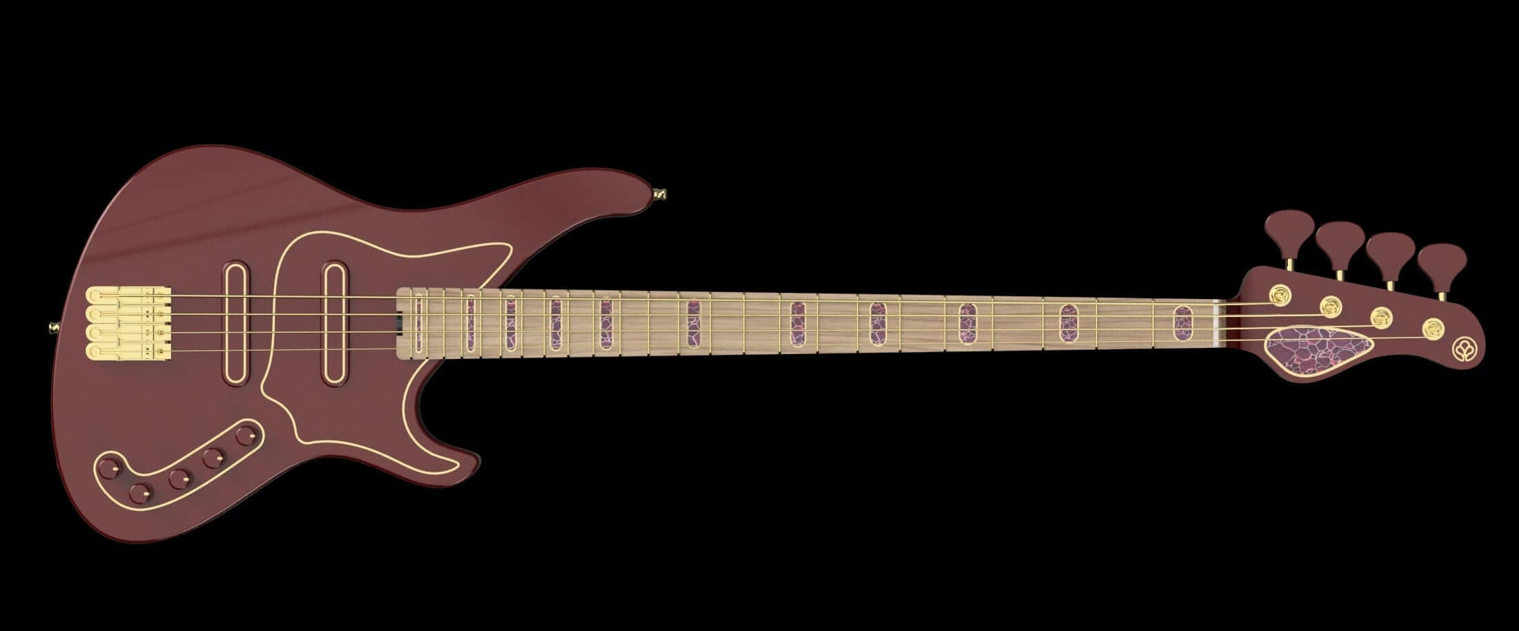 Belfortiのブランドと暗い仕上げを特徴とする、ユニークなデザインのエレキベースギター。