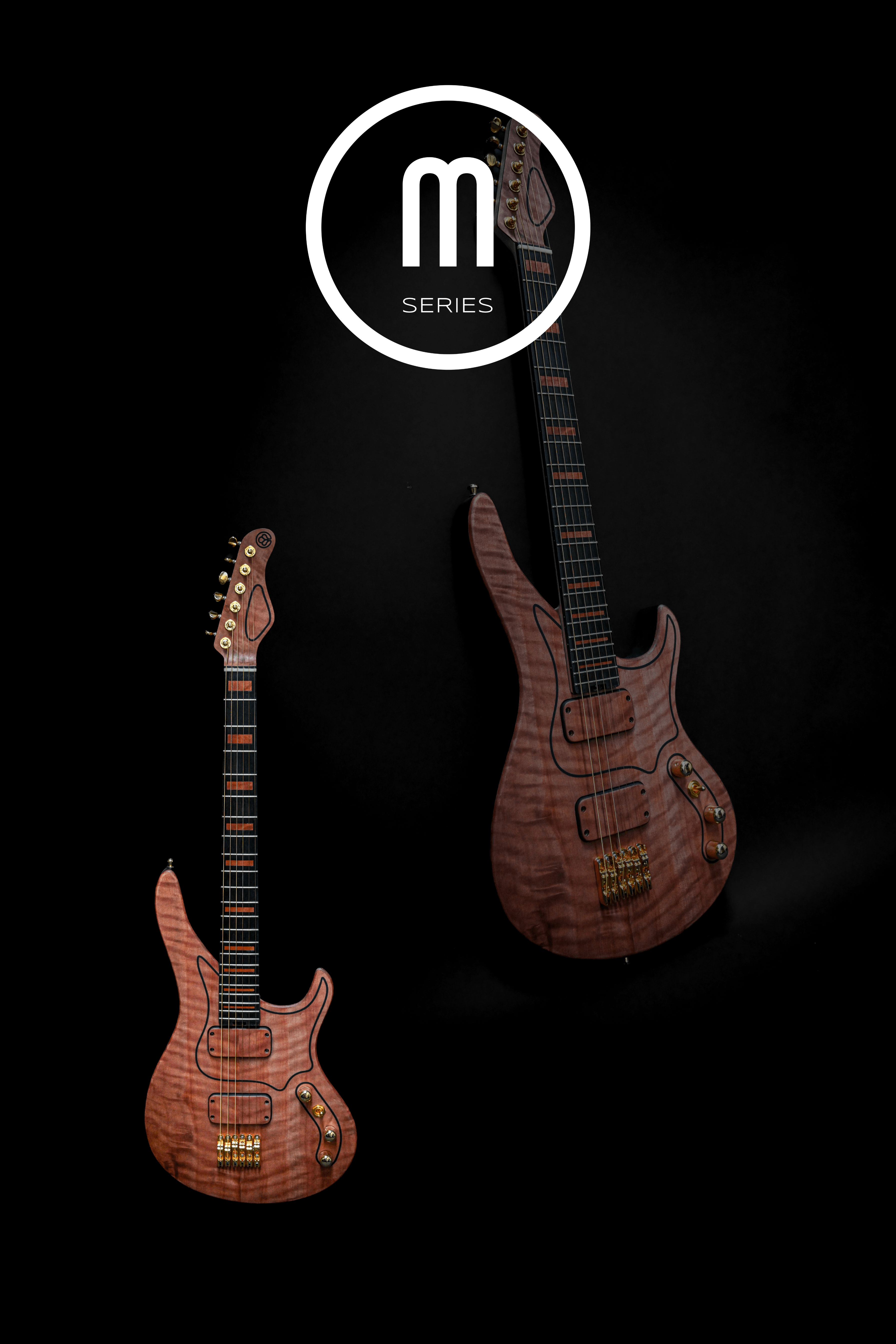 YATĒ Masterbuilt electric guitars by Belforti Instruments displayed against black background showcasing double-cut design.