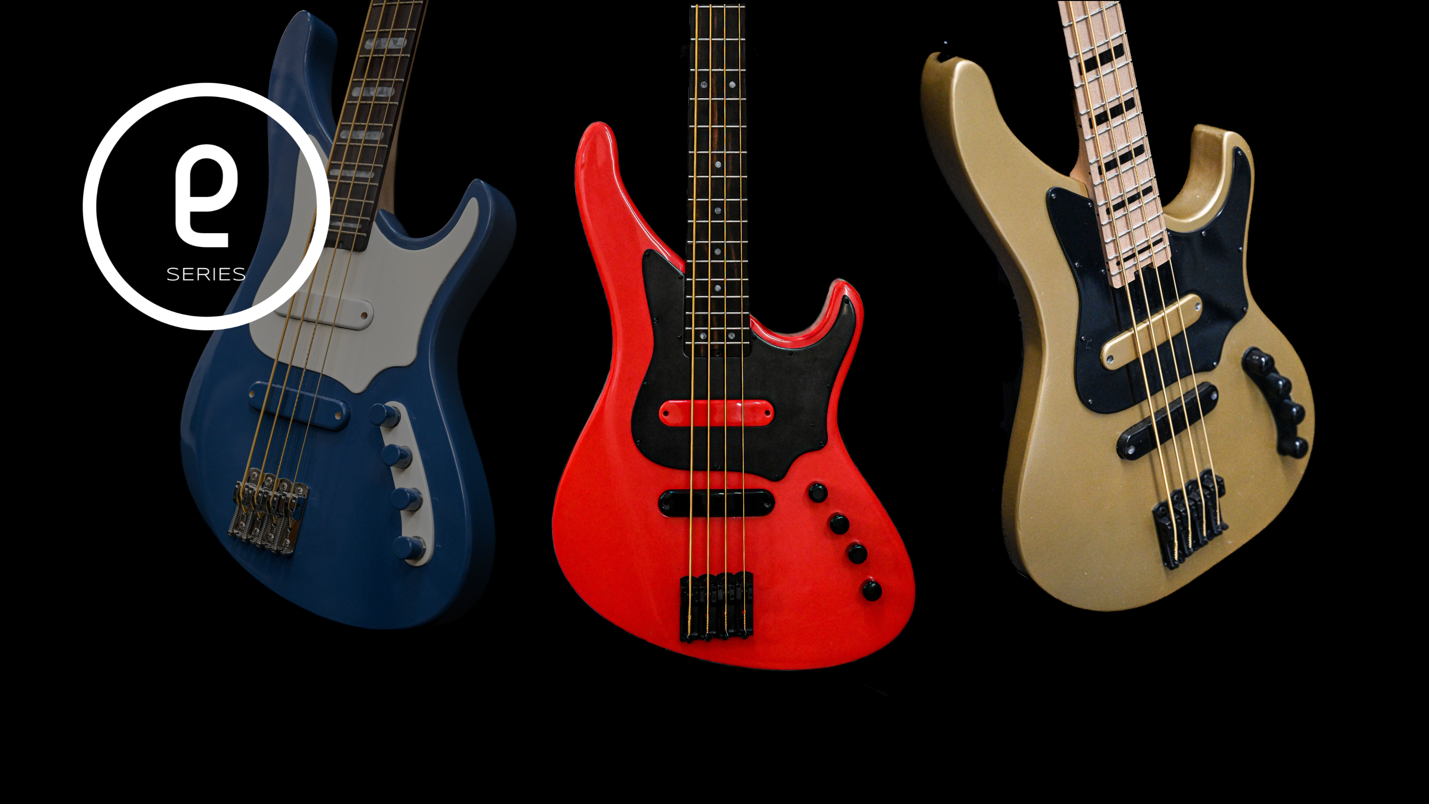 Trois guitares basses électriques en bleu, rouge et or avec un logo E-Series sur un fond noir.