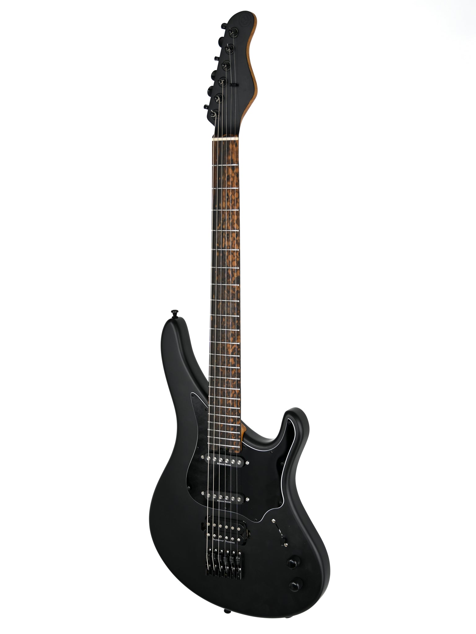 Guitare électrique Belforti noire au design élégant et à la touche détaillée, dotée d'un matériel moderne et d'une finition raffinée.