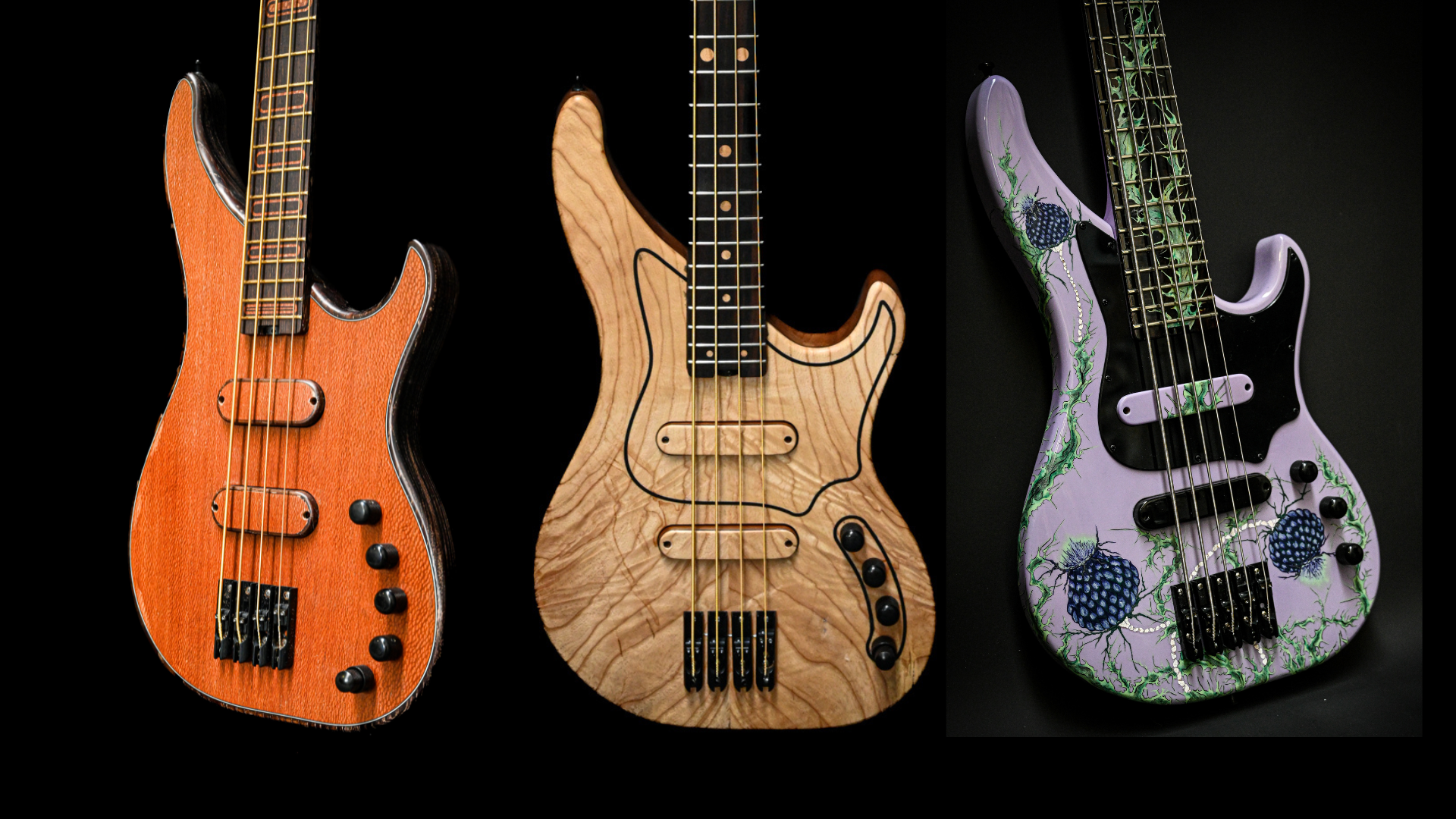 Trois guitares basses personnalisées avec des finitions et des designs de bois uniques sur un fond sombre, mettant en valeur l'artisanat musical moderne.