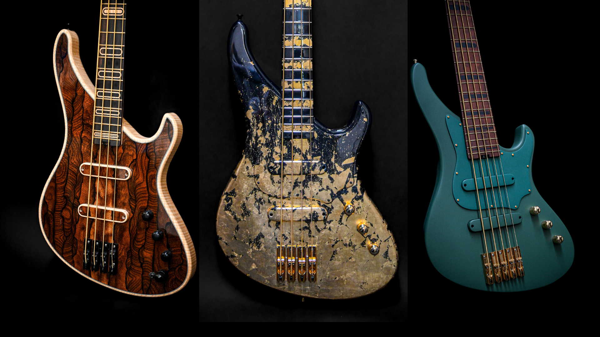 Trois basses électriques aux designs uniques sur fond noir, mettant en valeur des couleurs riches et des textures complexes.