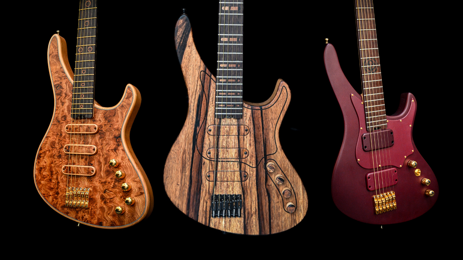 Trois guitares électriques avec des finitions de bois uniques sur un fond noir, mettant en valeur diverses textures et un savoir-faire artisanal.