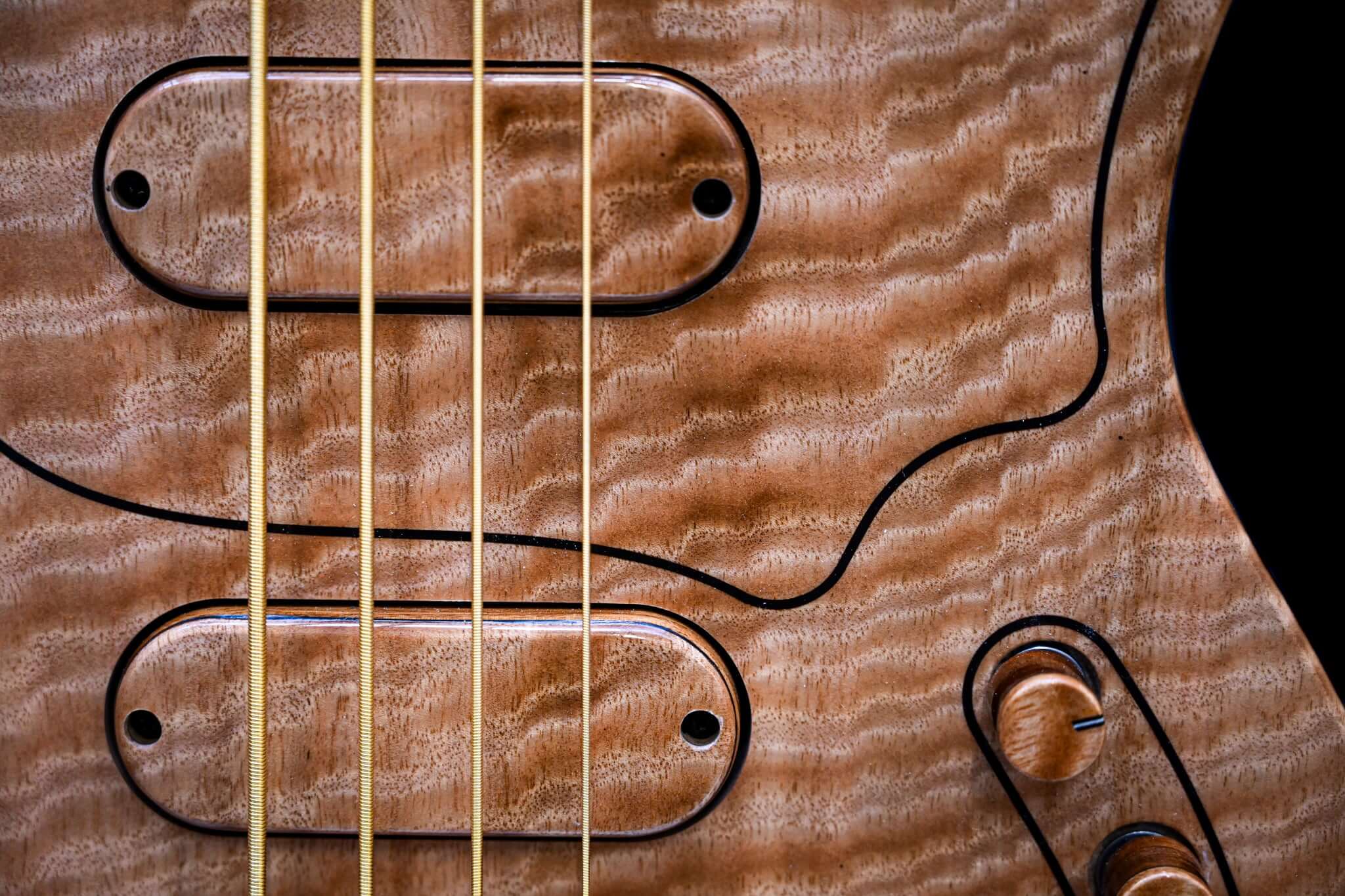 Vue rapprochée d'une basse Belforti M3, montrant la fausse plaque de protection incrustée, les capots de micros et les boutons en bois.