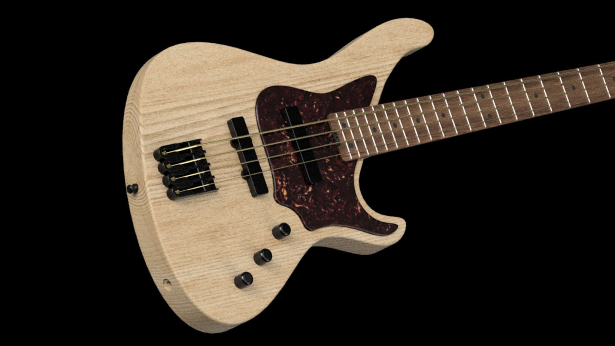 Belforti InstrumentsのAシリーズ・ベースの側面からのアングル。その特徴的な外観、フレットボードのディテール、そしてエレガントな美学を捉えています。