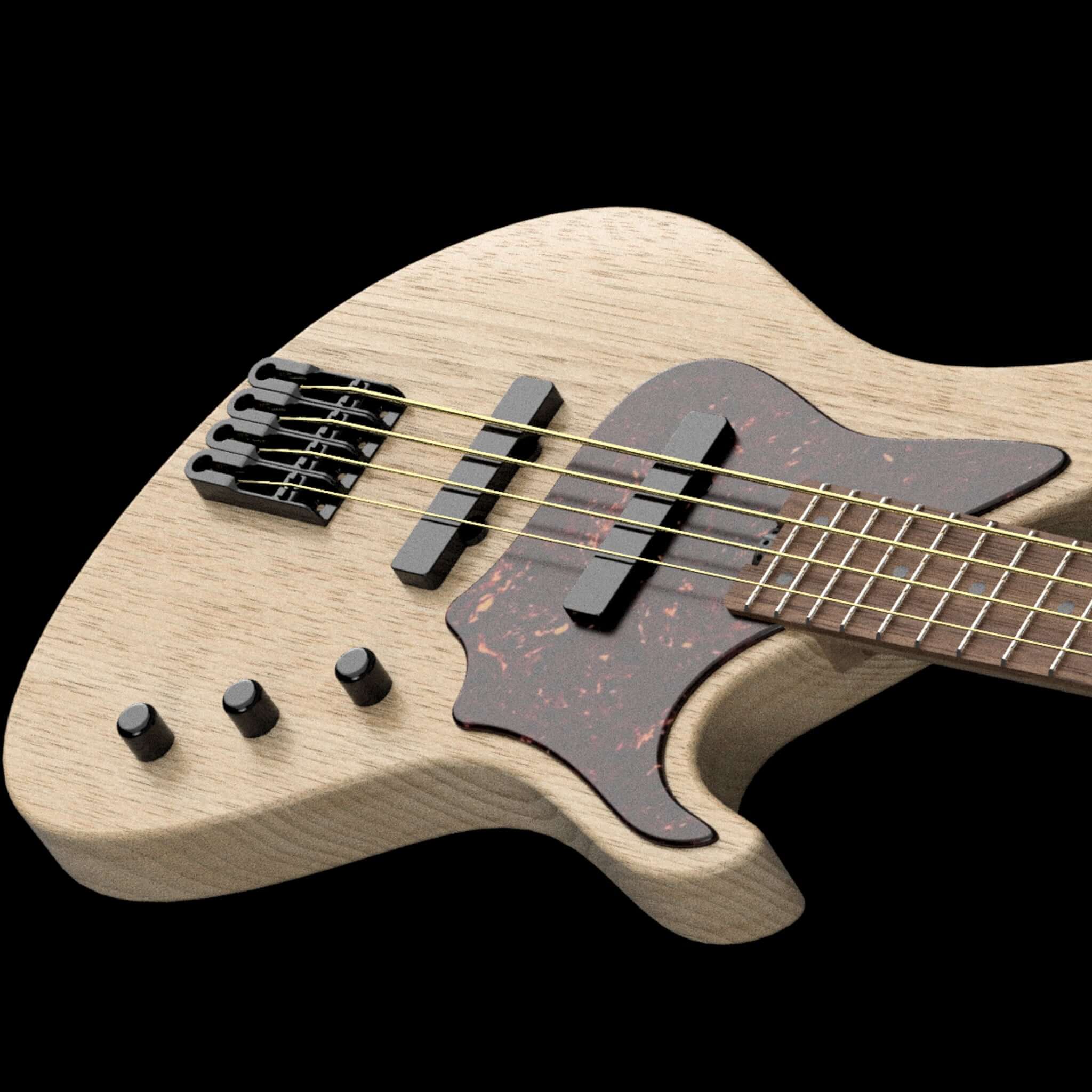 Belforti InstrumentsのAシリーズベースのクローズアップ。その合理化されたデザイン、木材仕上げ、そしてブラックハードウェアが、高品質な職人技を強調しています。