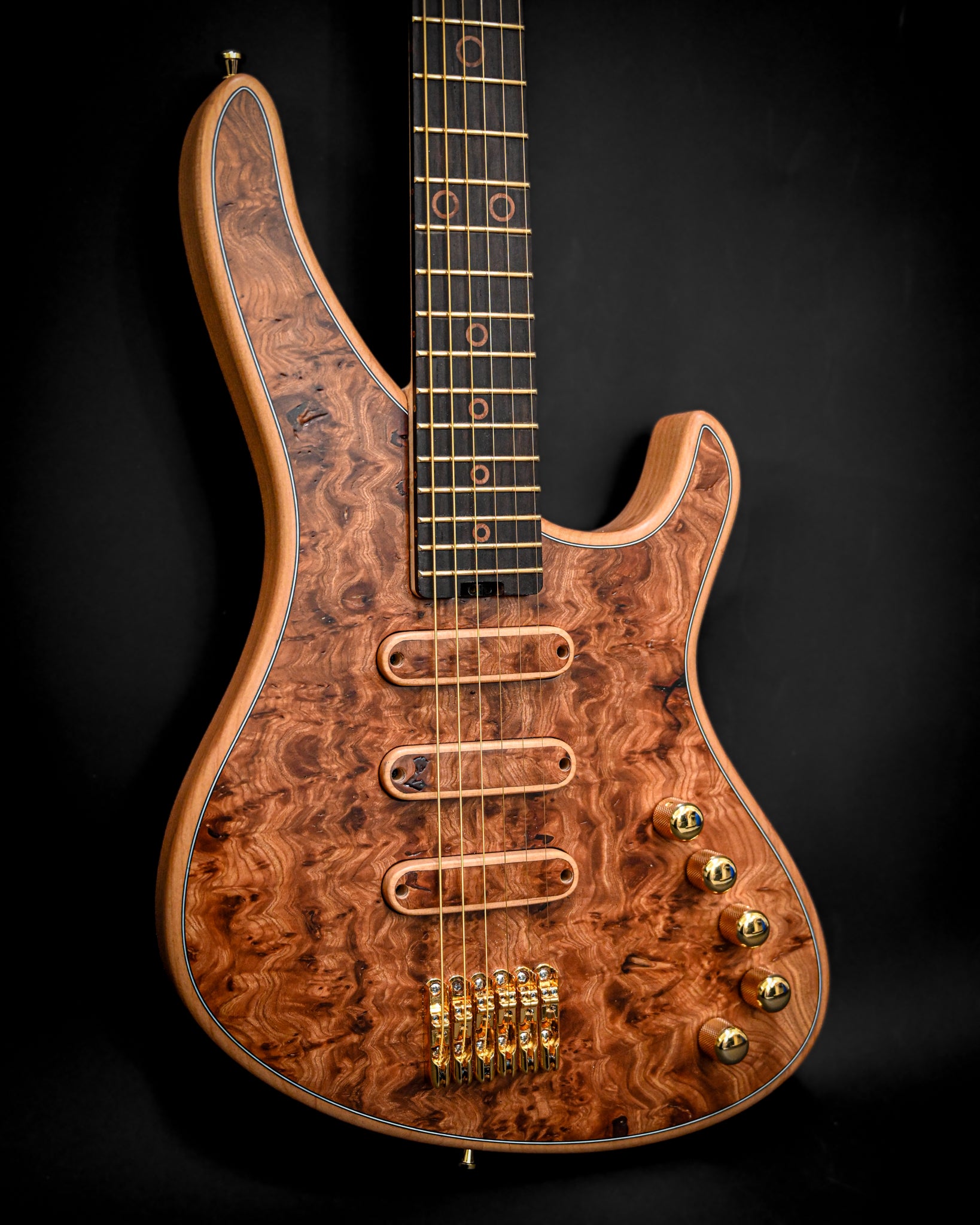 S5 Active - Elm Burl 吉他指板细节,显示标记和琴弦排列。