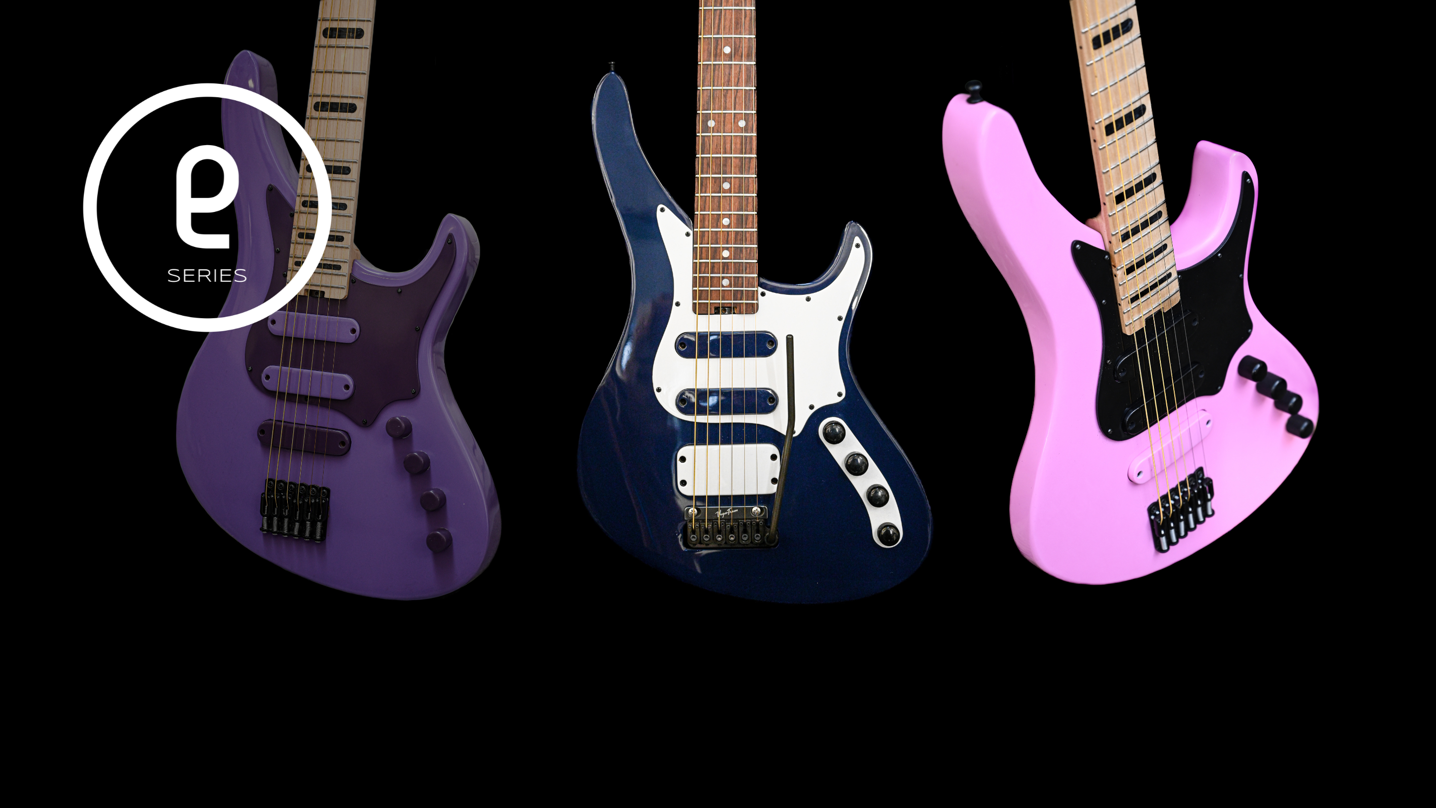Three electric guitars in purple, blue, and pink, with 'e series' logo on a black background.