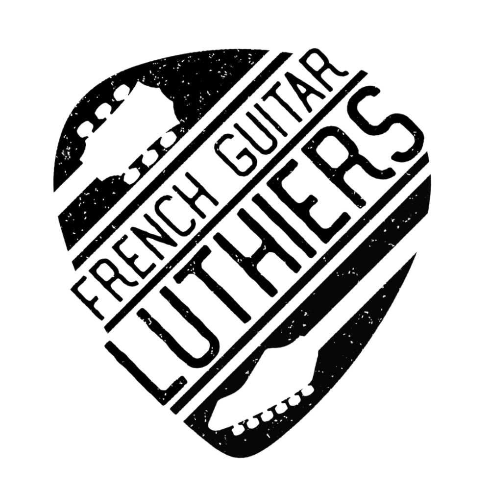 Logo of French Guitar Luthiers shaped as a guitar pick, featuring stylized text and guitar silhouettes.