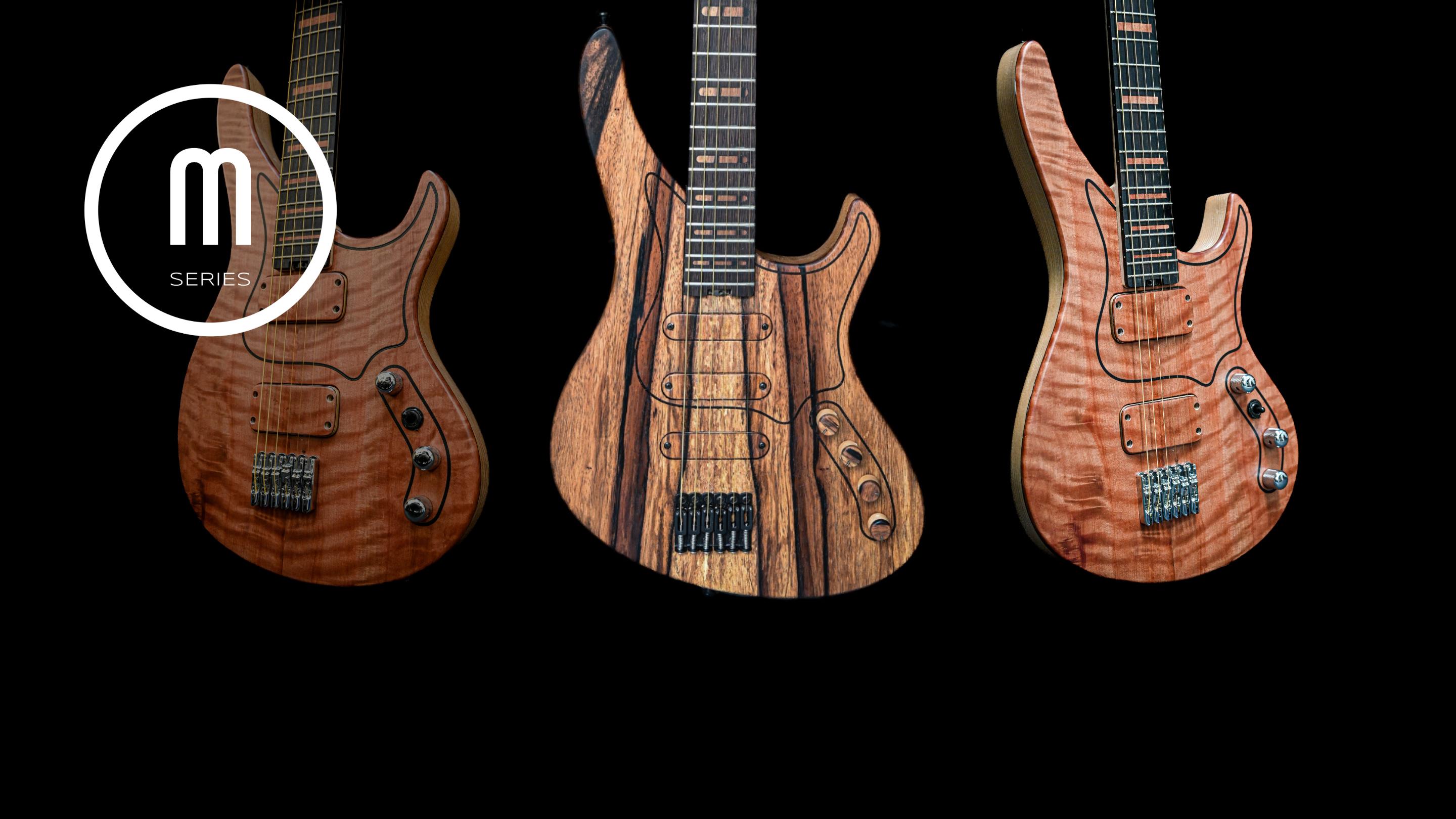 Three wooden electric guitars with unique grain patterns, featuring high-quality craftsmanship and design by M Series on a black background.