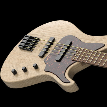 Close-up view of the A-Series Bass by Belforti Instruments, showcasing its streamlined design, wood finish, and black hardware, emphasizing quality craftsmanship.