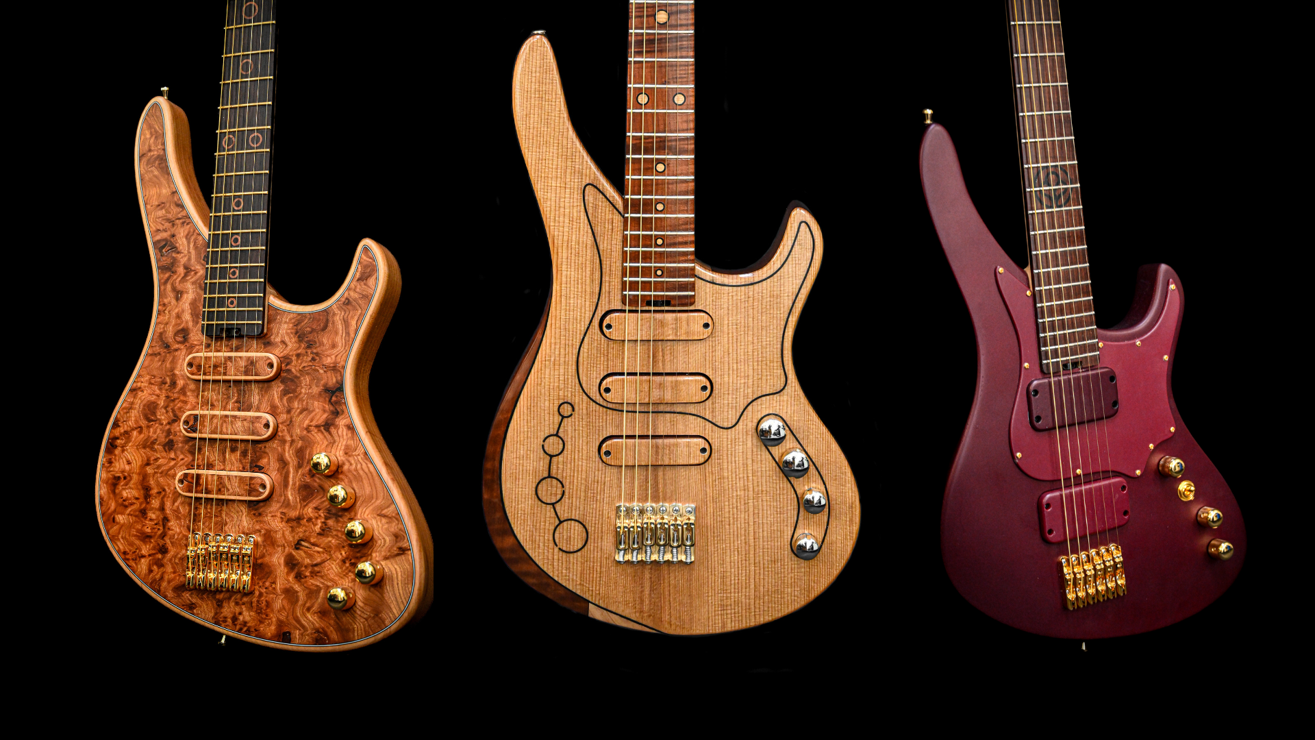Three electric guitars with unique wood finishes and designs, displayed on a black background.