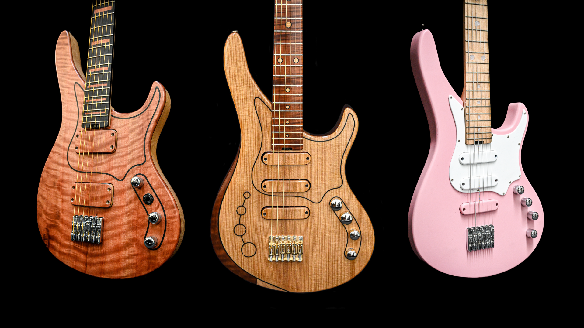 Three electric guitars with unique designs on a black background, including a wood finish and a pink model.