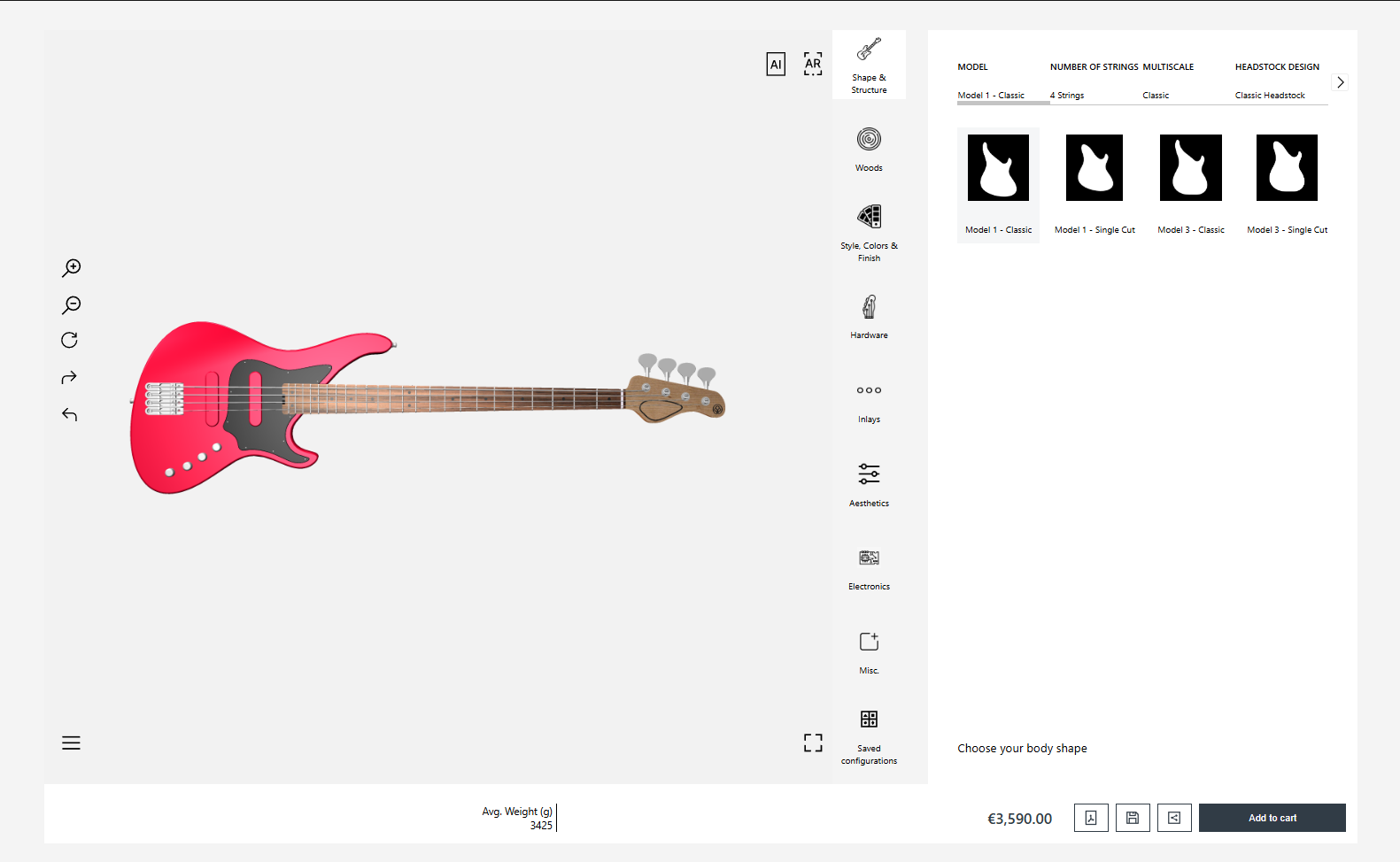 Vue du configurateur 3D Belforti permettant aux joueurs de créer, personnaliser et construire en temps réel l'instrument de leurs rêves.