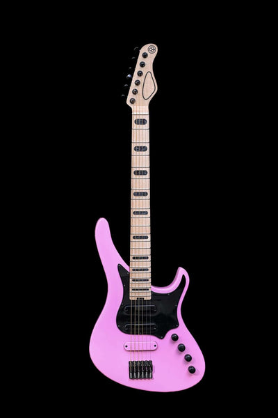 Belforti Sarā 6 - Essential - BlackPink bass guitar with pink body and black accents, essential line design for professional-grade tone.