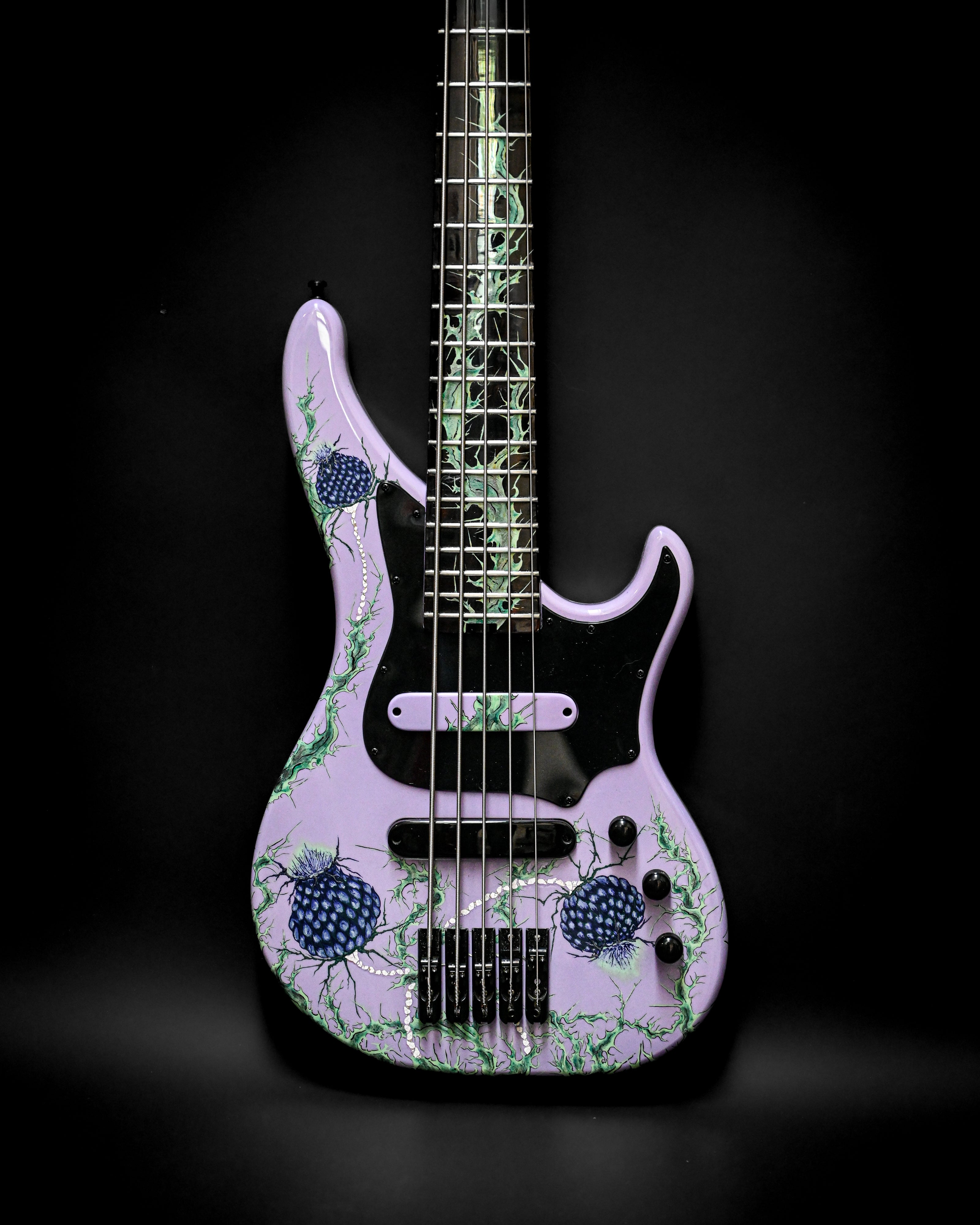 Vēa 5 - Essential bass guitar by Belforti, custom boutique high-end luxury design with purple floral pattern, essential series model.