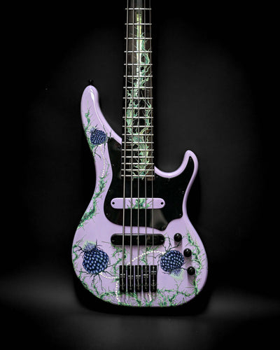 Vēa 5 - Essential bass guitar by Belforti, custom boutique high-end luxury design with purple floral pattern, essential series model.