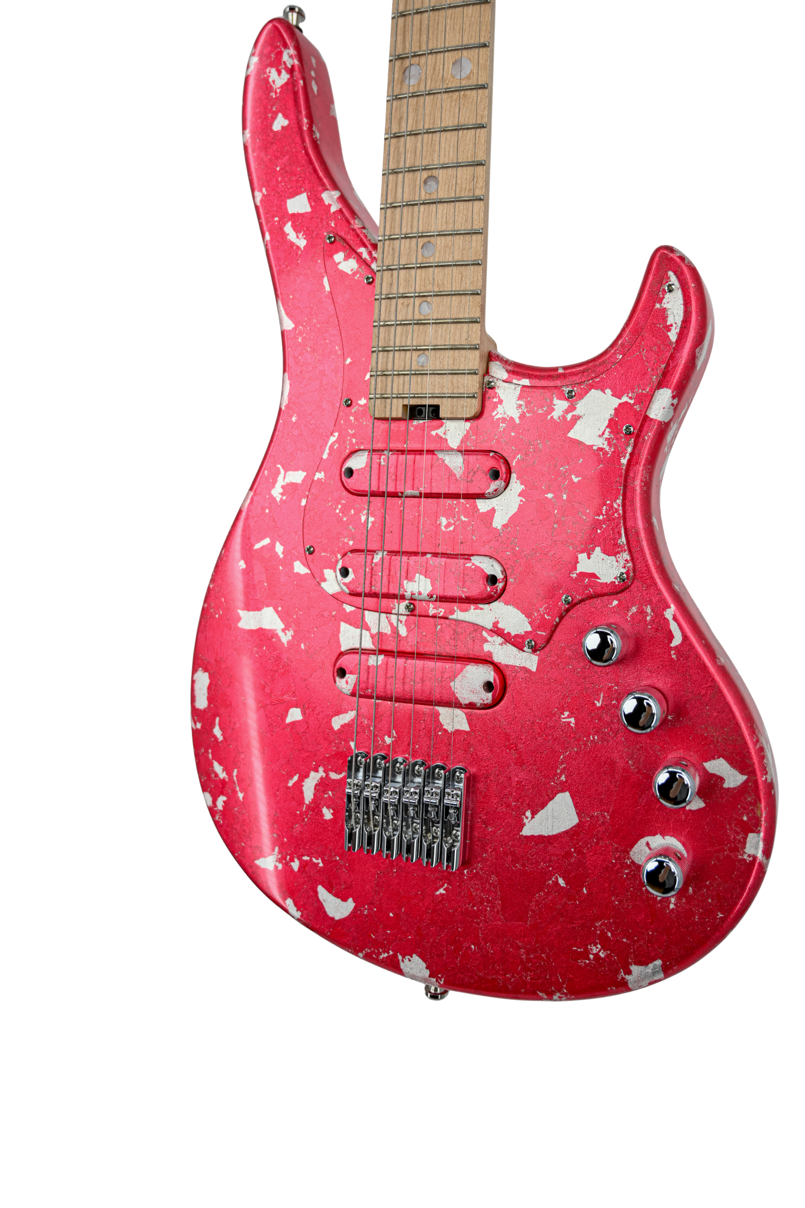 Belforti Yate 6 Kurenai red electric guitar with tinted silver foil finish and wooden fretboard, featuring a unique Belforti design.