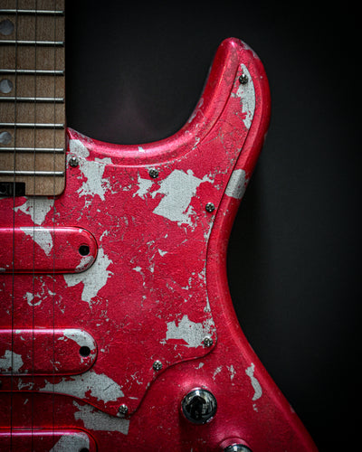 Custom electric guitar Yatē 6 - Essential - Kurenai with red distressed finish from Belforti's Essential Series, close-up view