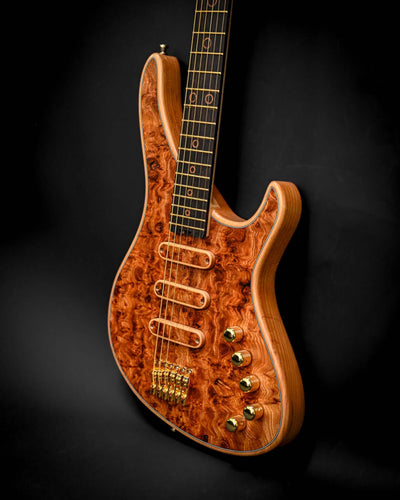 S5 Active - Elm Burl guitar highlighted from the front, revealing its beautiful strings and unique design.