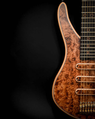 Close-up of the body area of the S5 Active - Elm Burl guitar focusing on the grain and finish.