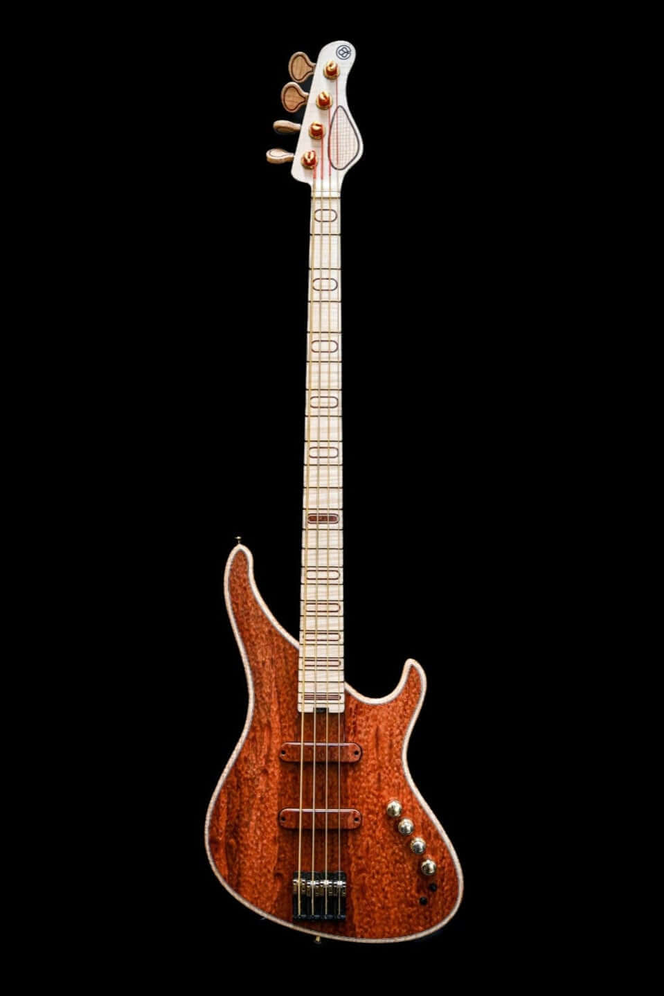 Signature Series - Custom Belforti bass guitar showcasing exceptional craftsmanship and design against a black background.