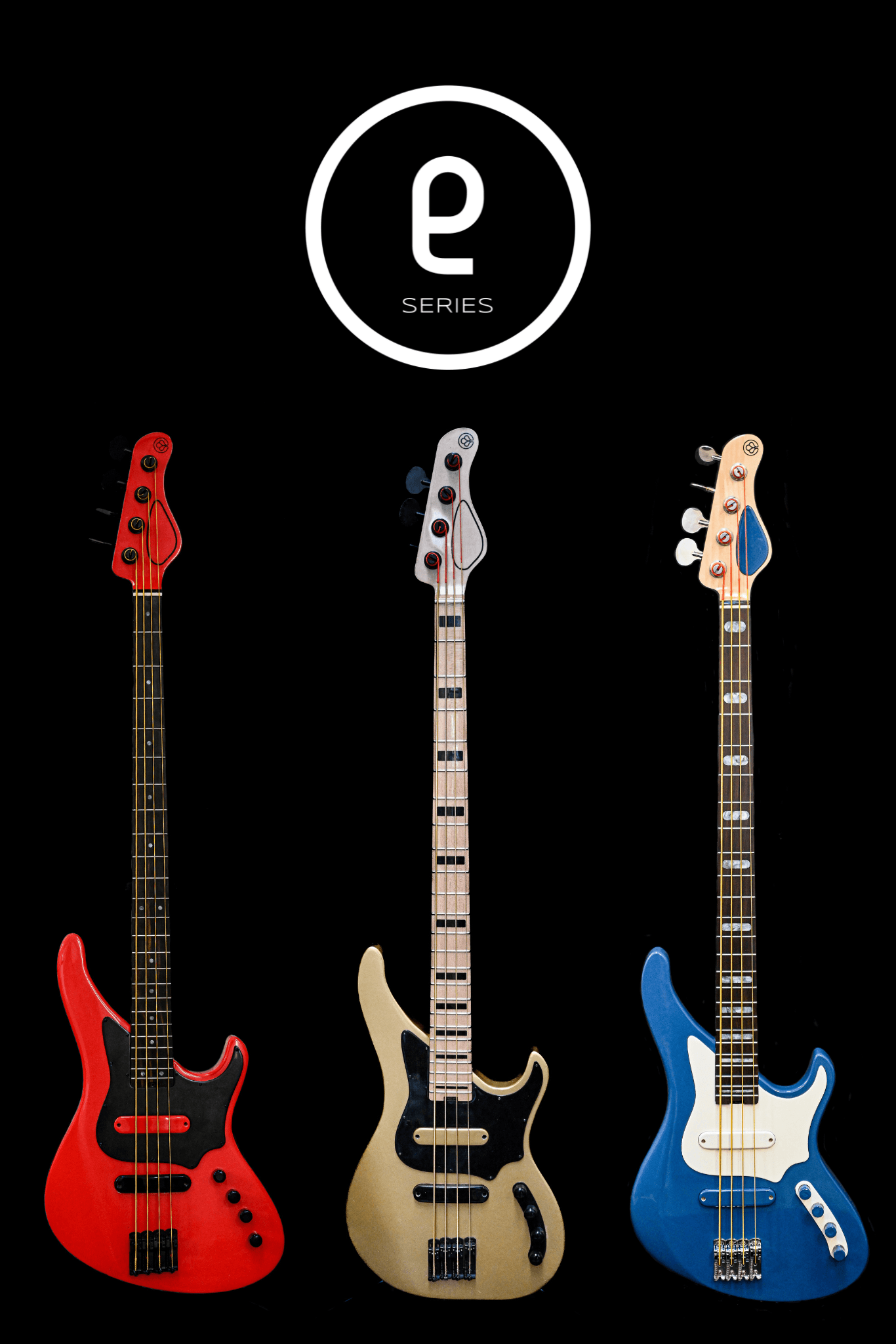 Essential Series - Custom guitars by Belforti in red, gold, and blue with logo on black background.
