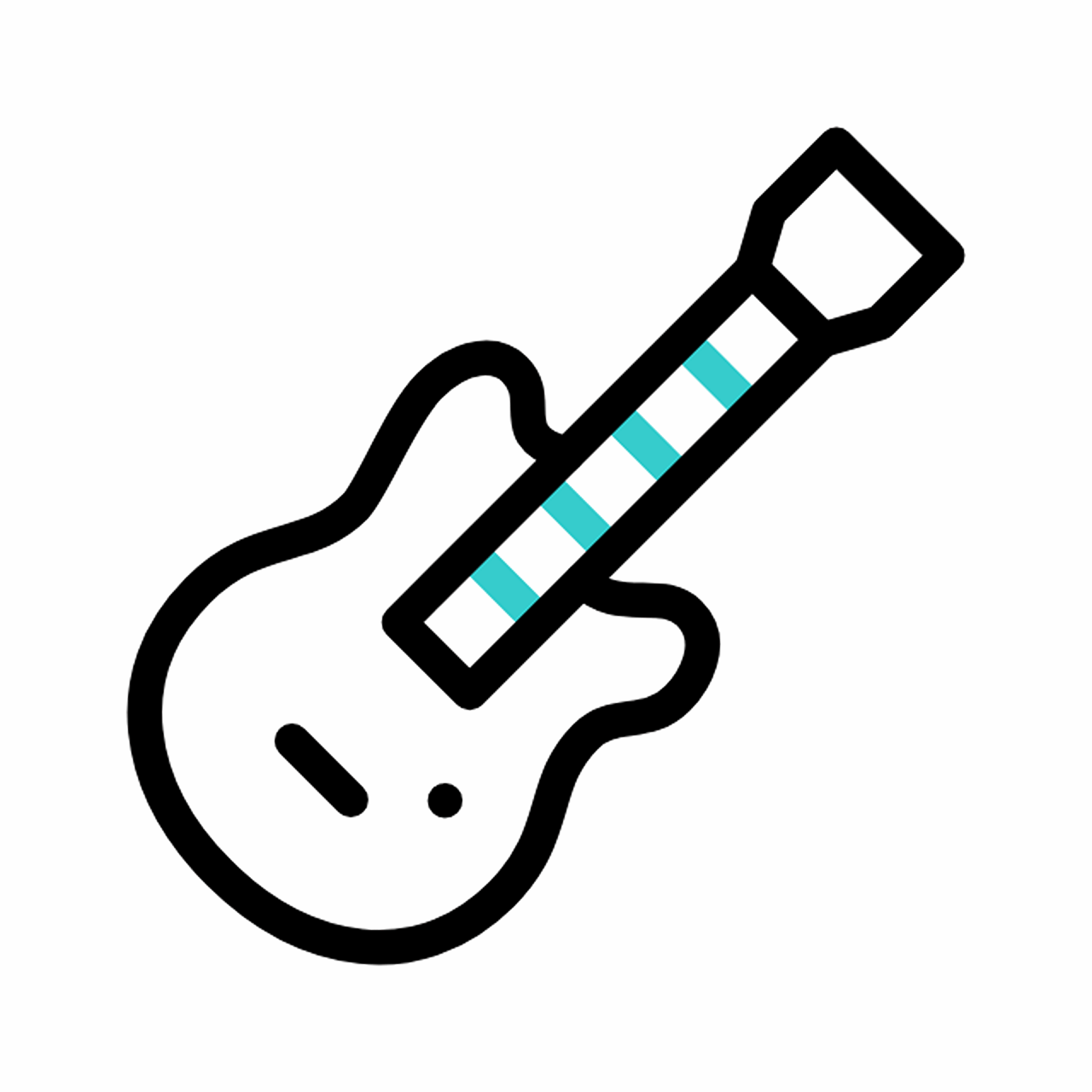 フレットボードに青いアクセントが付いた電気ギターのアイコンの簡略化されたイラスト。