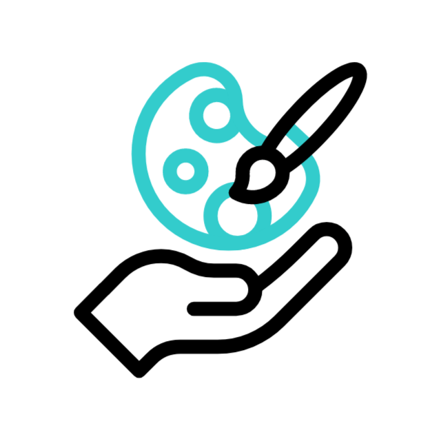 創造性と芸術を象徴する、ブラシが付いた青緑色(ティール)のアーティストパレットを持っている手。