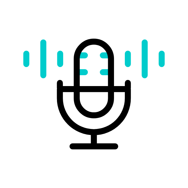 オーディオ録音とポッドキャスティングを象徴する、音波を伴うマイクのアイコン。