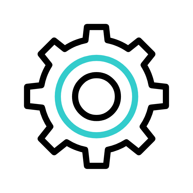 白い背景にターコイズ色の内側の円を持つ歯車のアイコン。