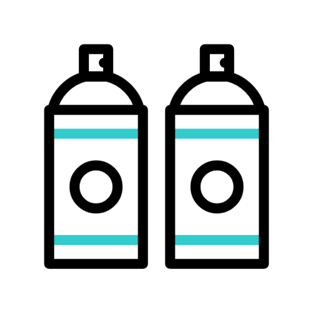 白い背景に青いアクセントが付いた2つの様式化されたスプレーペイント缶。画材または落書きツールを表します。