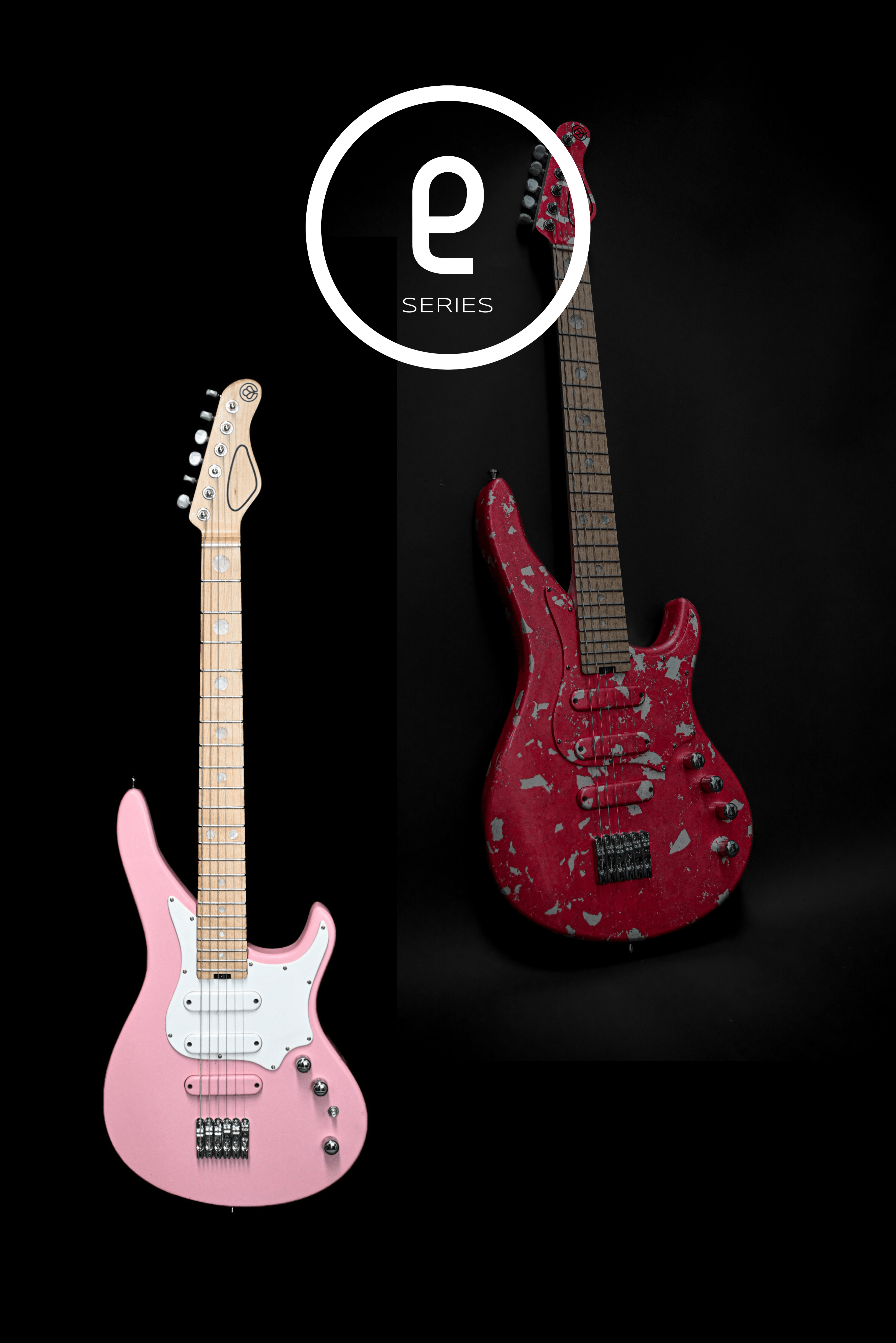 YATĒ Essential electric guitars in pink and red, handcrafted by Belforti Instruments, part of the Essential Series with high-output tone.