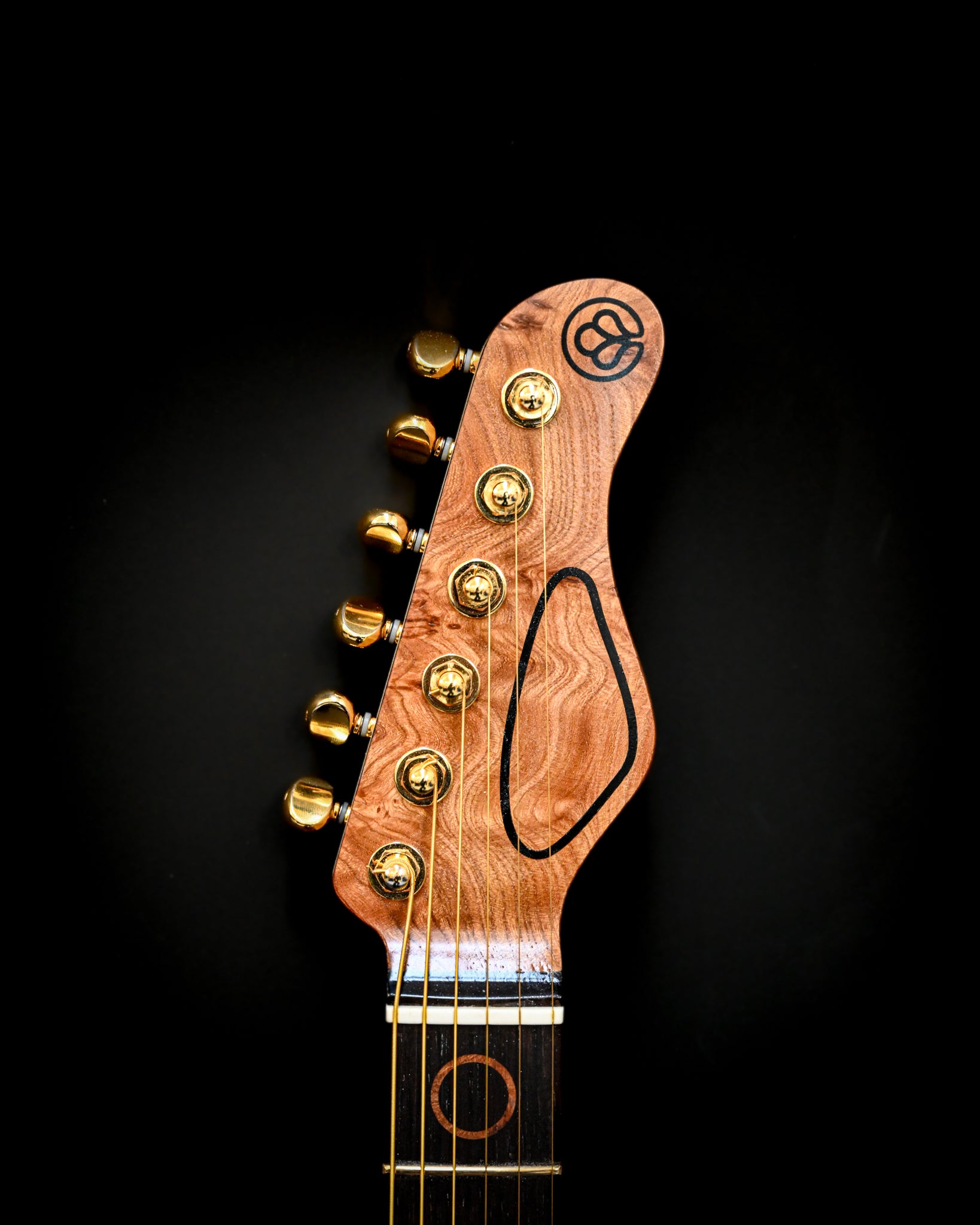 S5 Active - Ulme Wurzelholz Gitarre, die ihr einzigartiges Griffbrett und Saitendetails aus der Nähe zeigt.