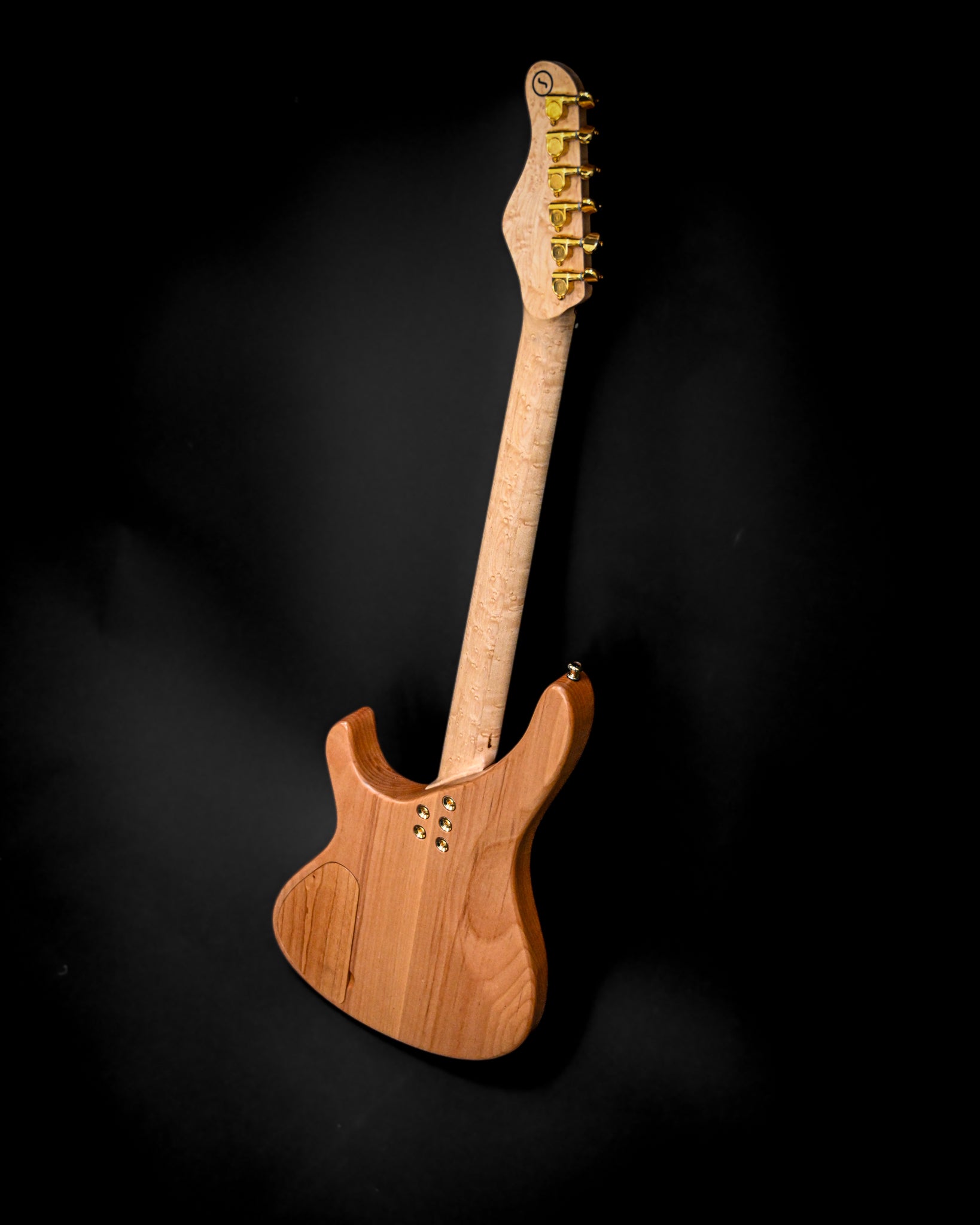 S5 Active - Ulme-Maser-Gitarre von hinten gesehen, die ihre feine Handwerkskunst zeigt.