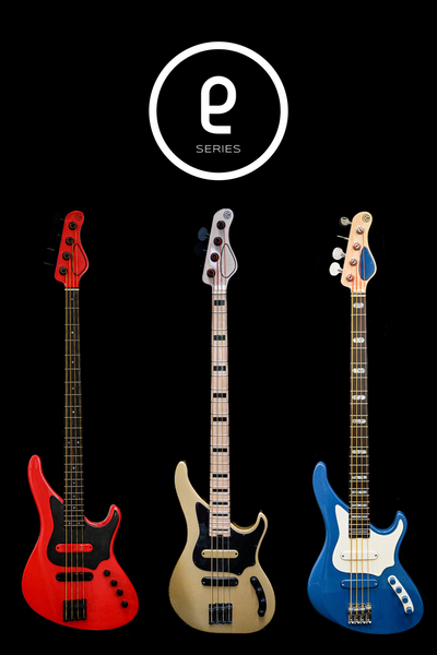 Serie Essential: guitarras personalizadas de Belforti en rojo, dorado y azul con el logotipo sobre fondo negro.