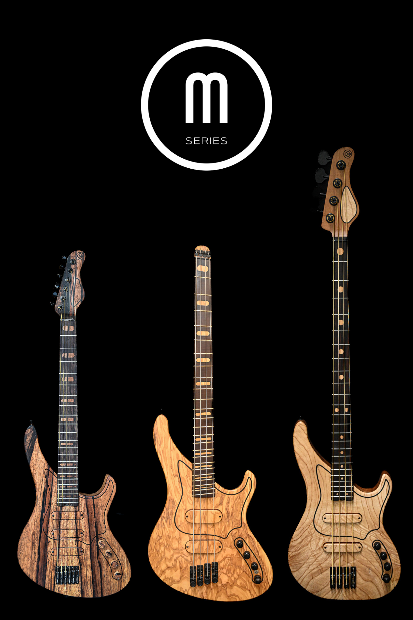 Série M Bass Custom de Belforti Instruments présentant trois styles uniques de guitares basses sur fond noir.