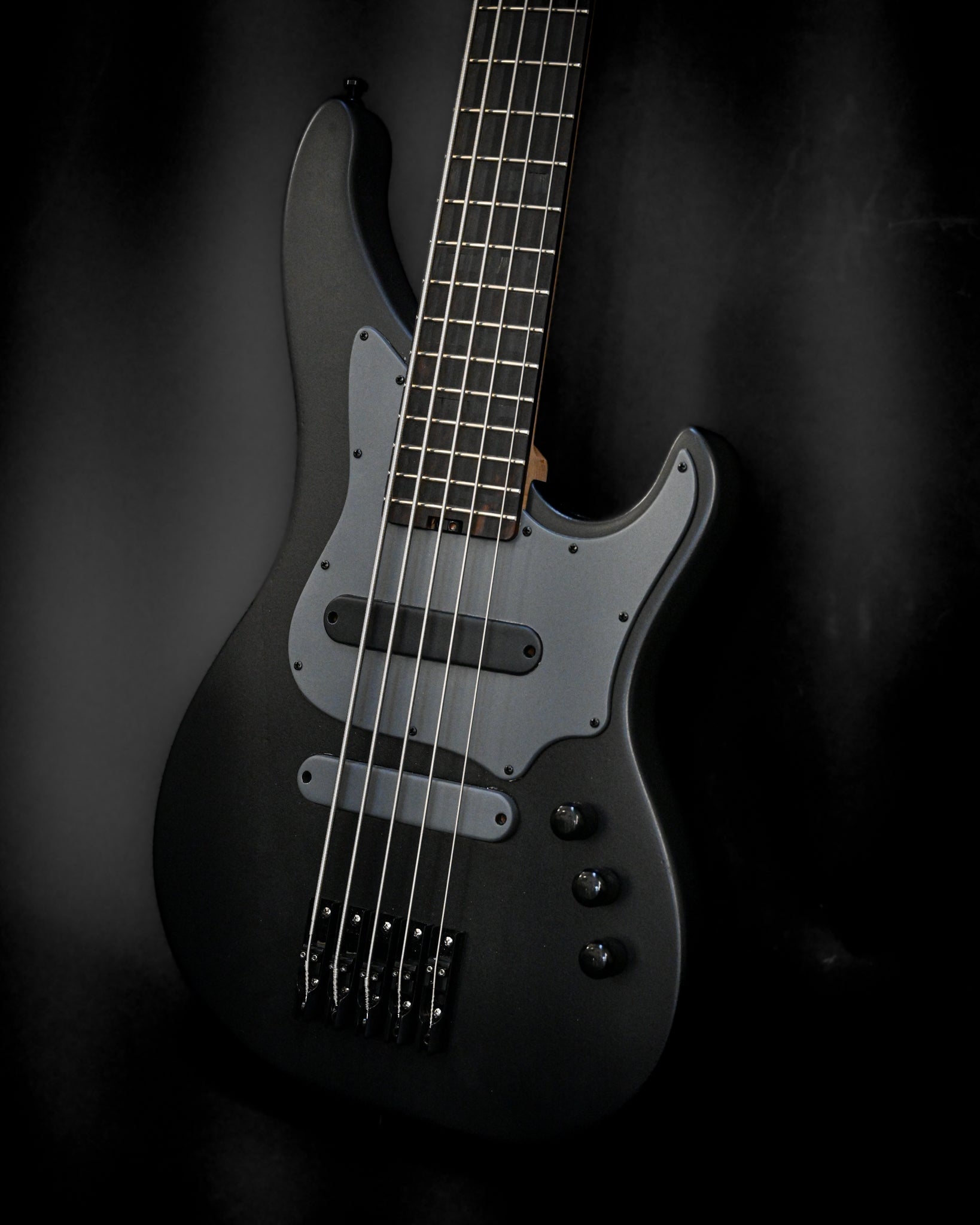 Belforti Instruments의 E3 Lorraine Coal 베이스 기타는 광택이 나는 터치와 함께 시그니처인 검은색과 회색 마감이 특징입니다.