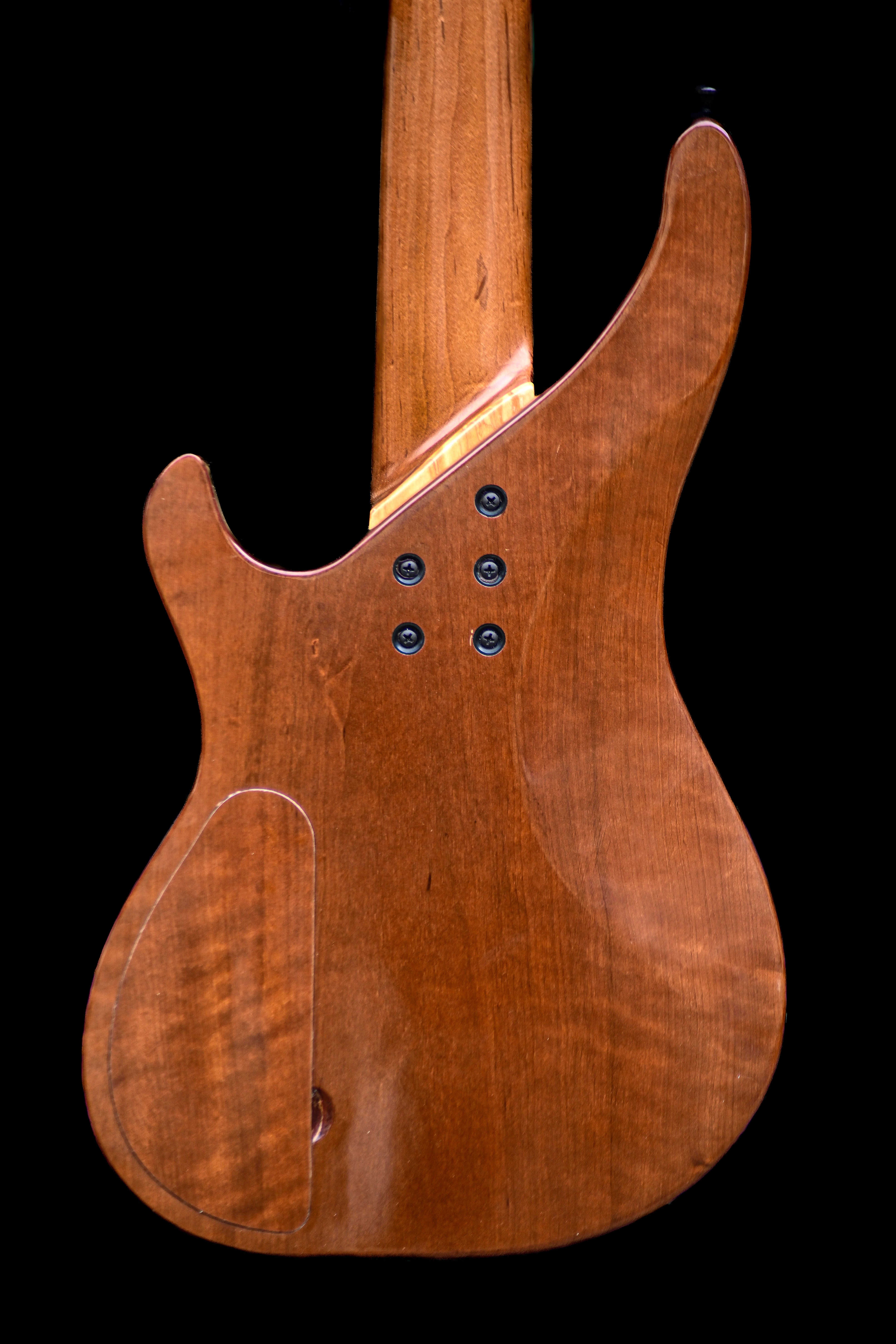 Vista traseira da guitarra baixo M3 - Italian Olive, com madeira polida e linhas elegantes com ferragens visíveis.