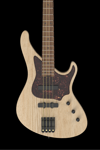 Belforti Instruments 的 A 系列低音吉他特写，采用人体工学设计、天然木质漆面和黑色硬件。