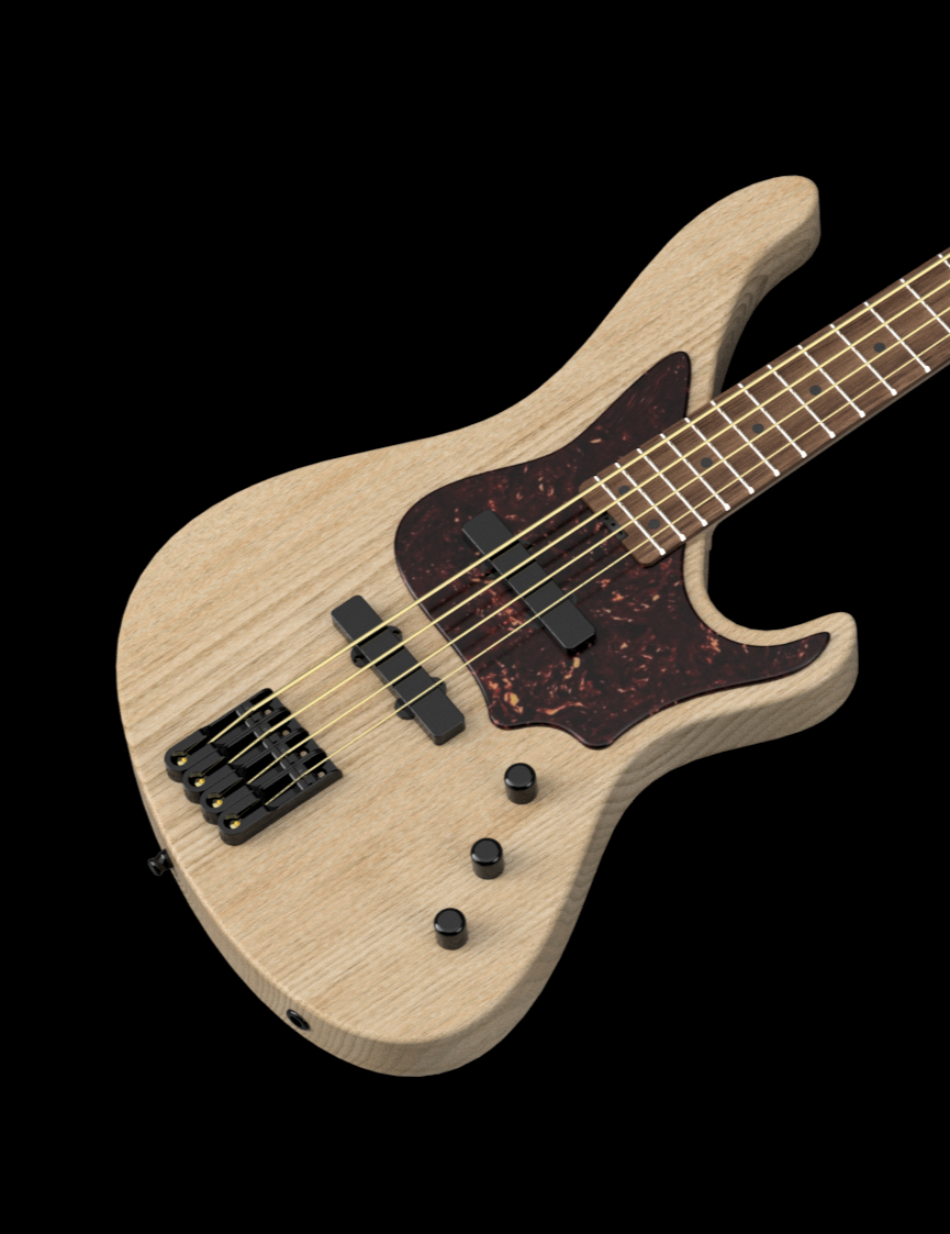 Belforti Instruments A 系列低音吉他的角度透视图，展示了其流畅的外形和独特的拾音器。